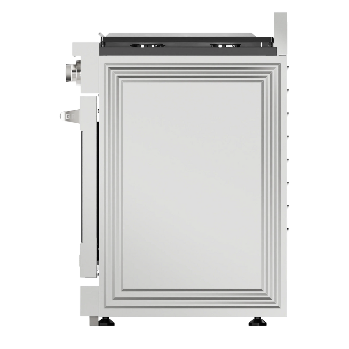 Stainless steel oven door panel with decorative frame and side hinges