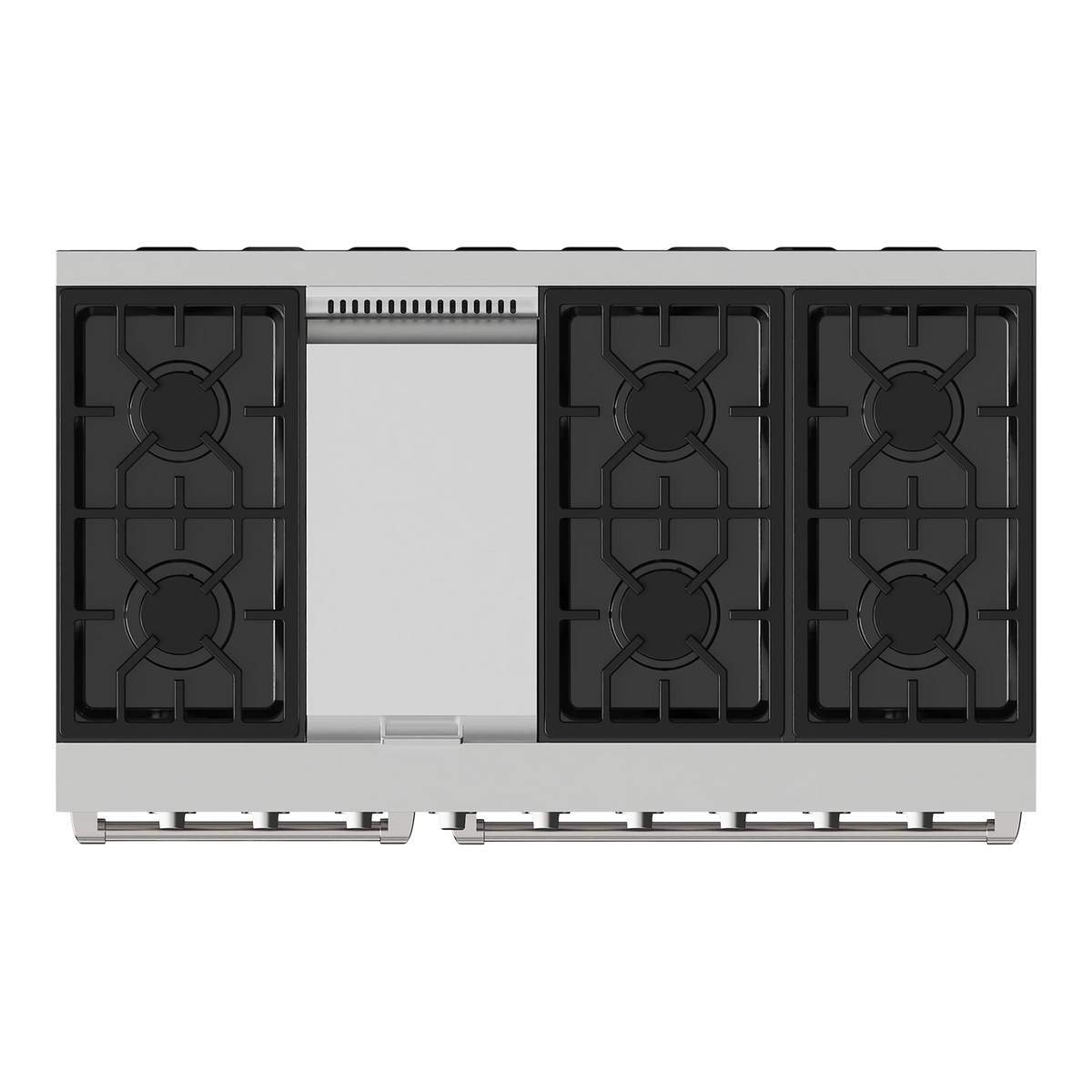 Stainless steel gas range cooktop with four burner grates and center burner panel.