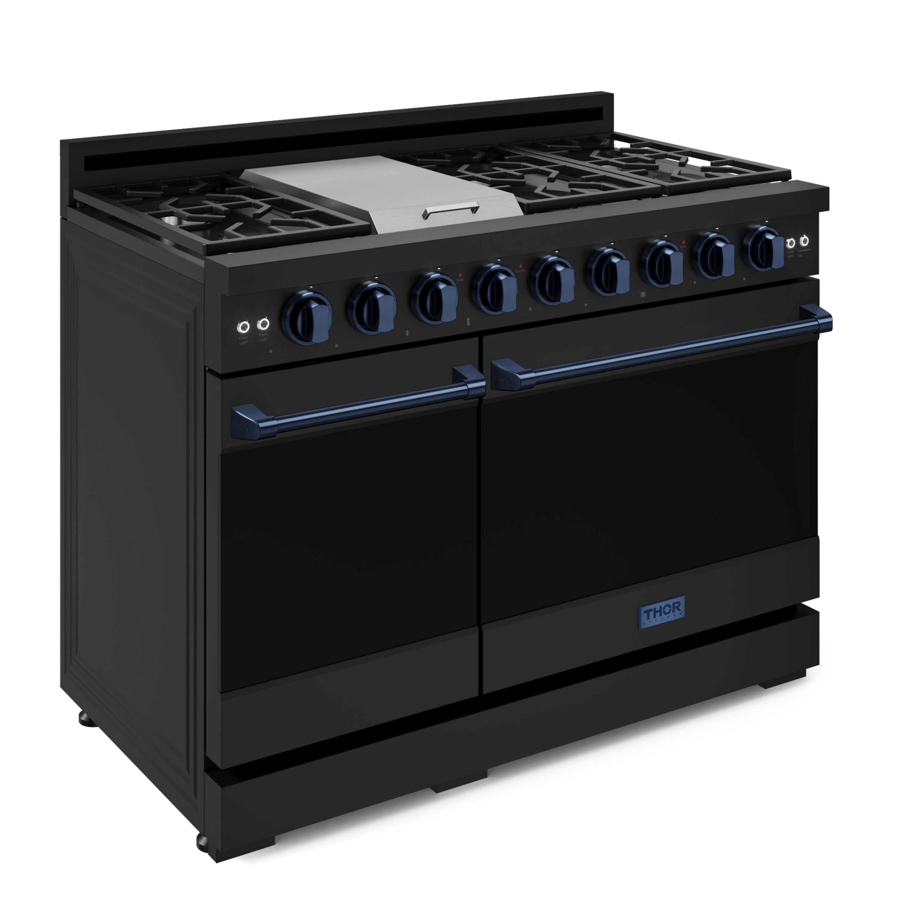 Black double oven gas range with blue knobs and grates; front doors closed
