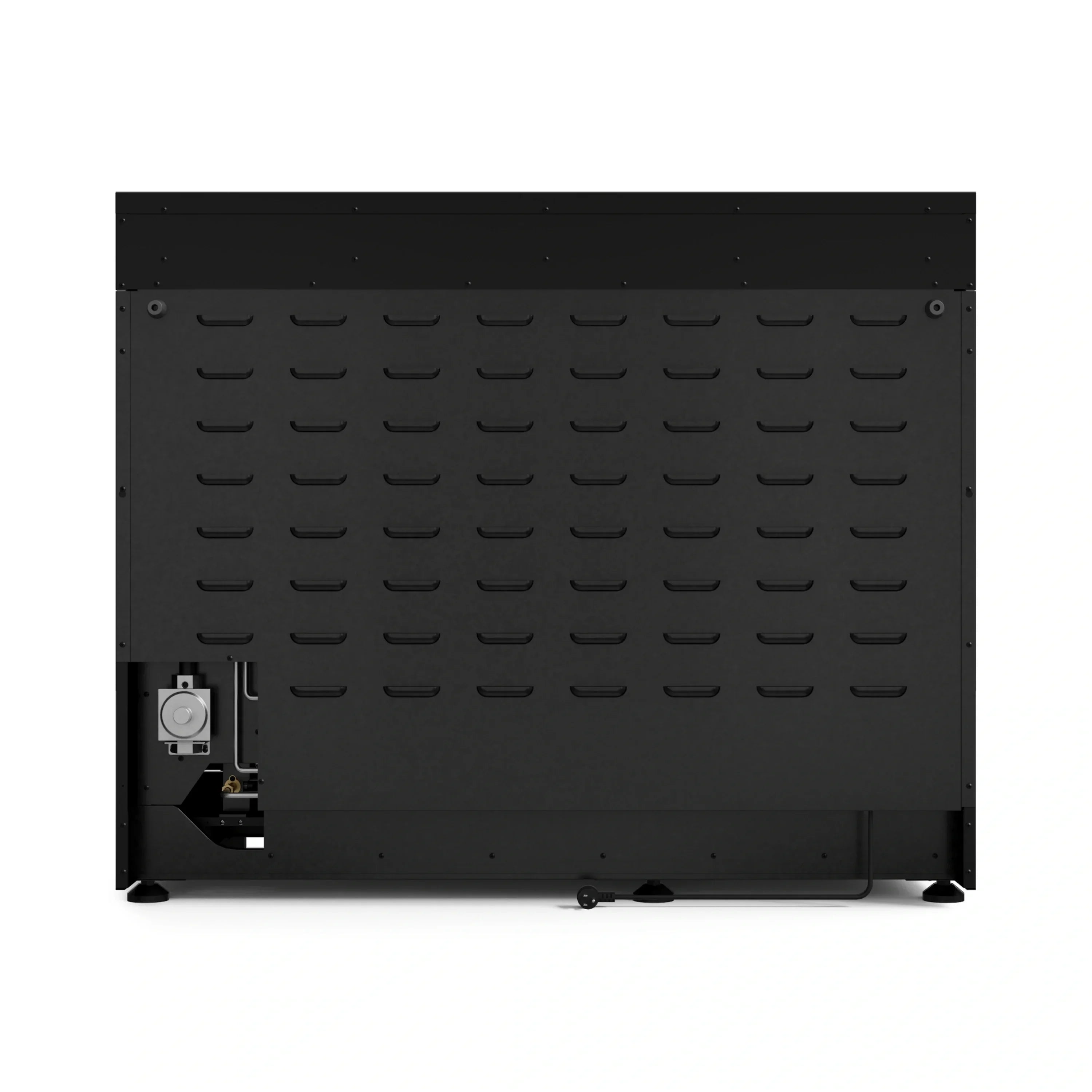 Black range hood vent panel with baffle filters and side access port