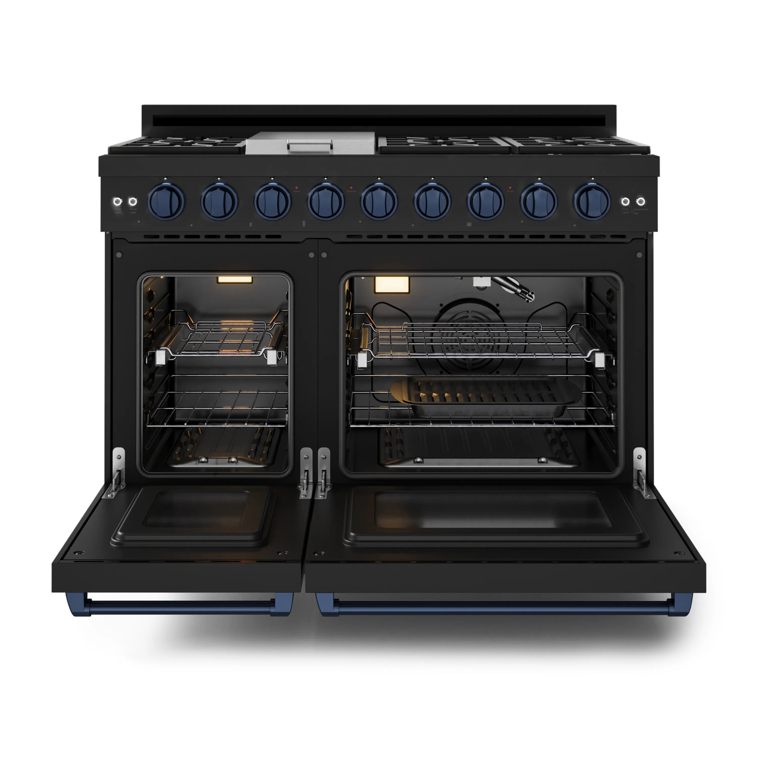 Black double-oven gas range with oven doors open and racks inside