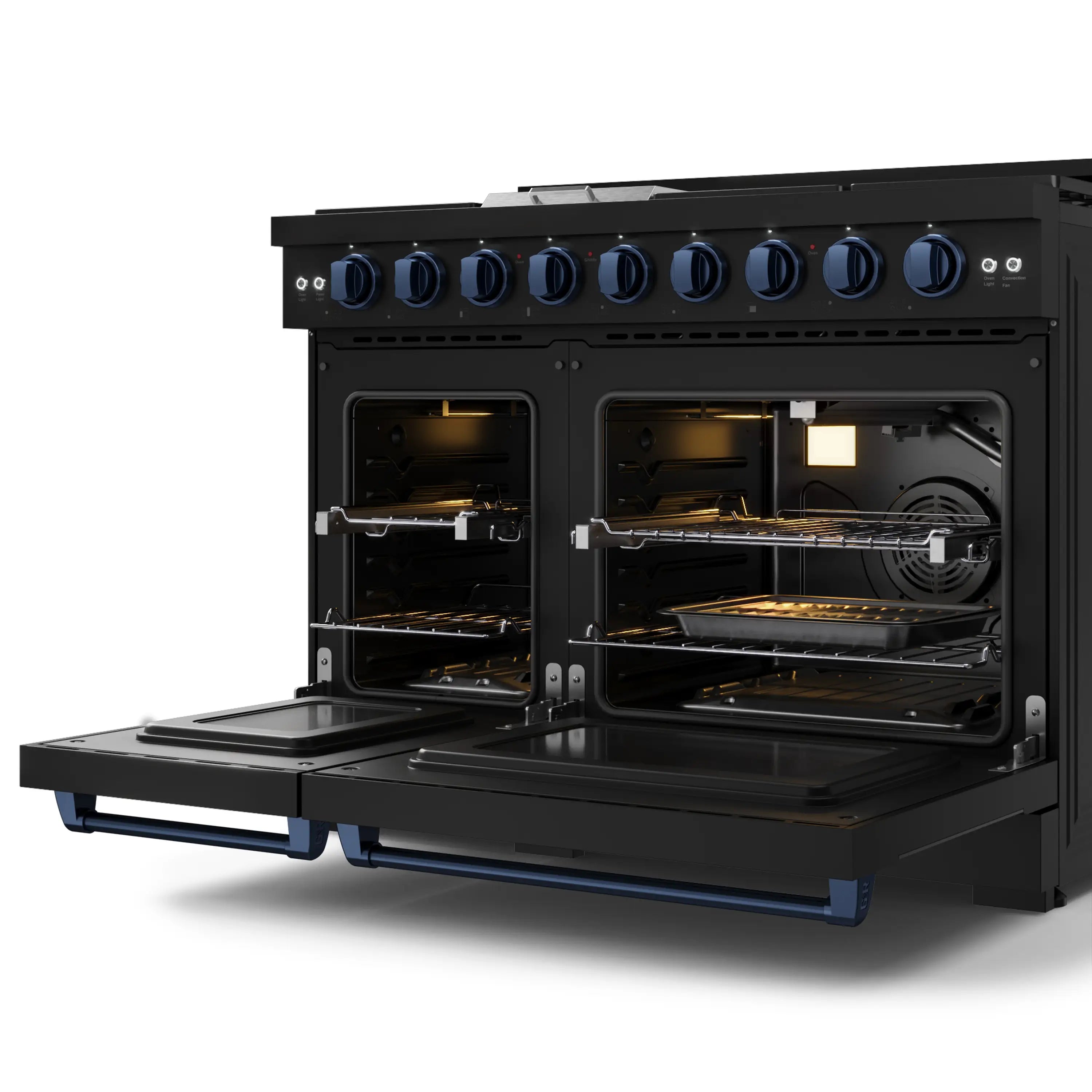 Black double oven gas range with blue control knobs; both oven doors open
