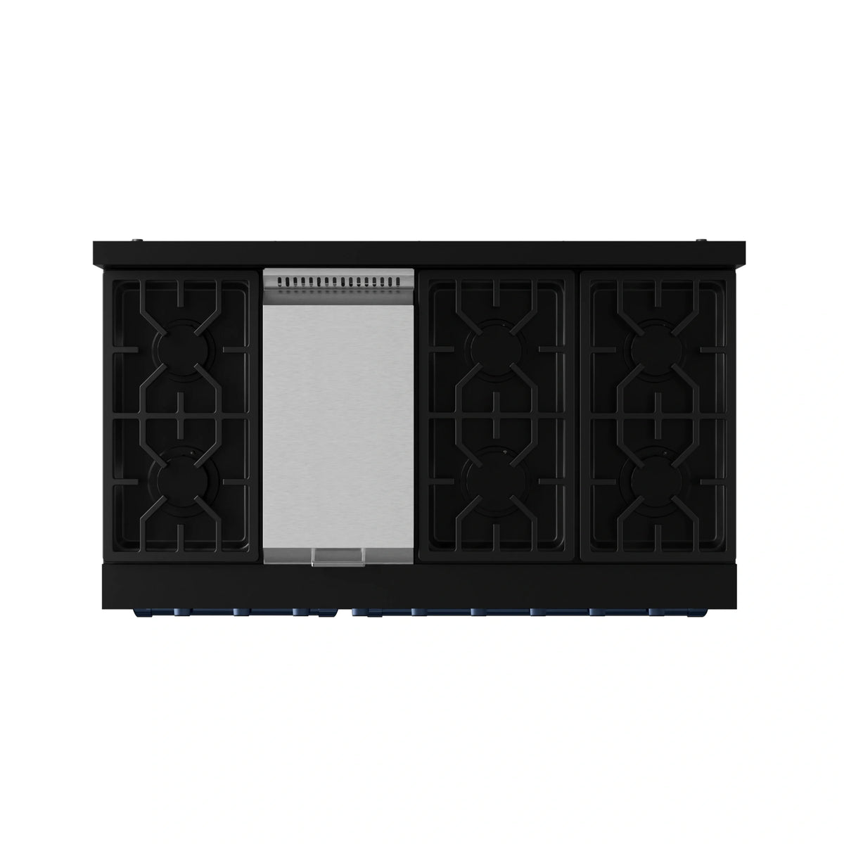 Black dishwasher with open door and exposed racks, blue trim details