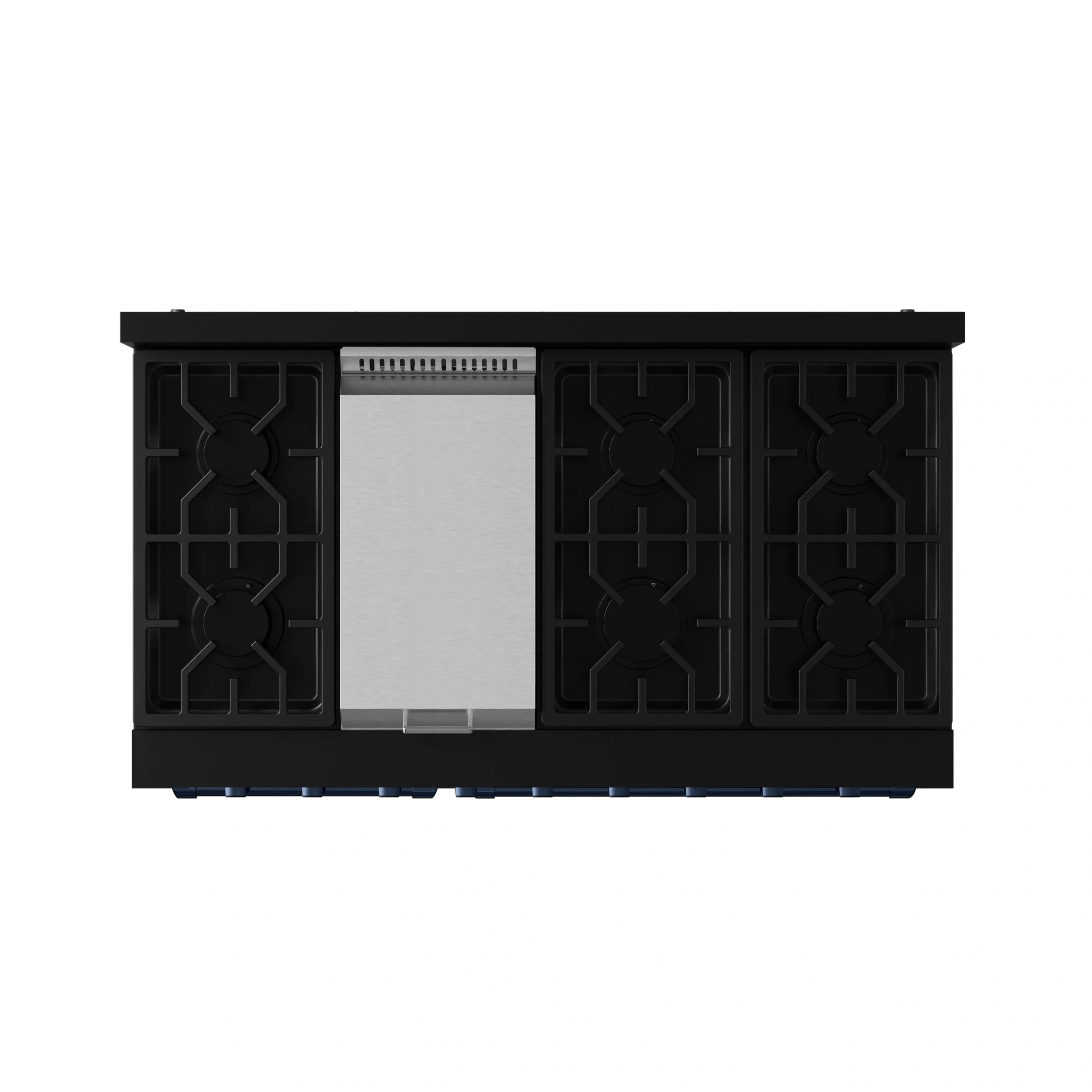 Black range cooktop grates with side burner covers and central silver griddle insert