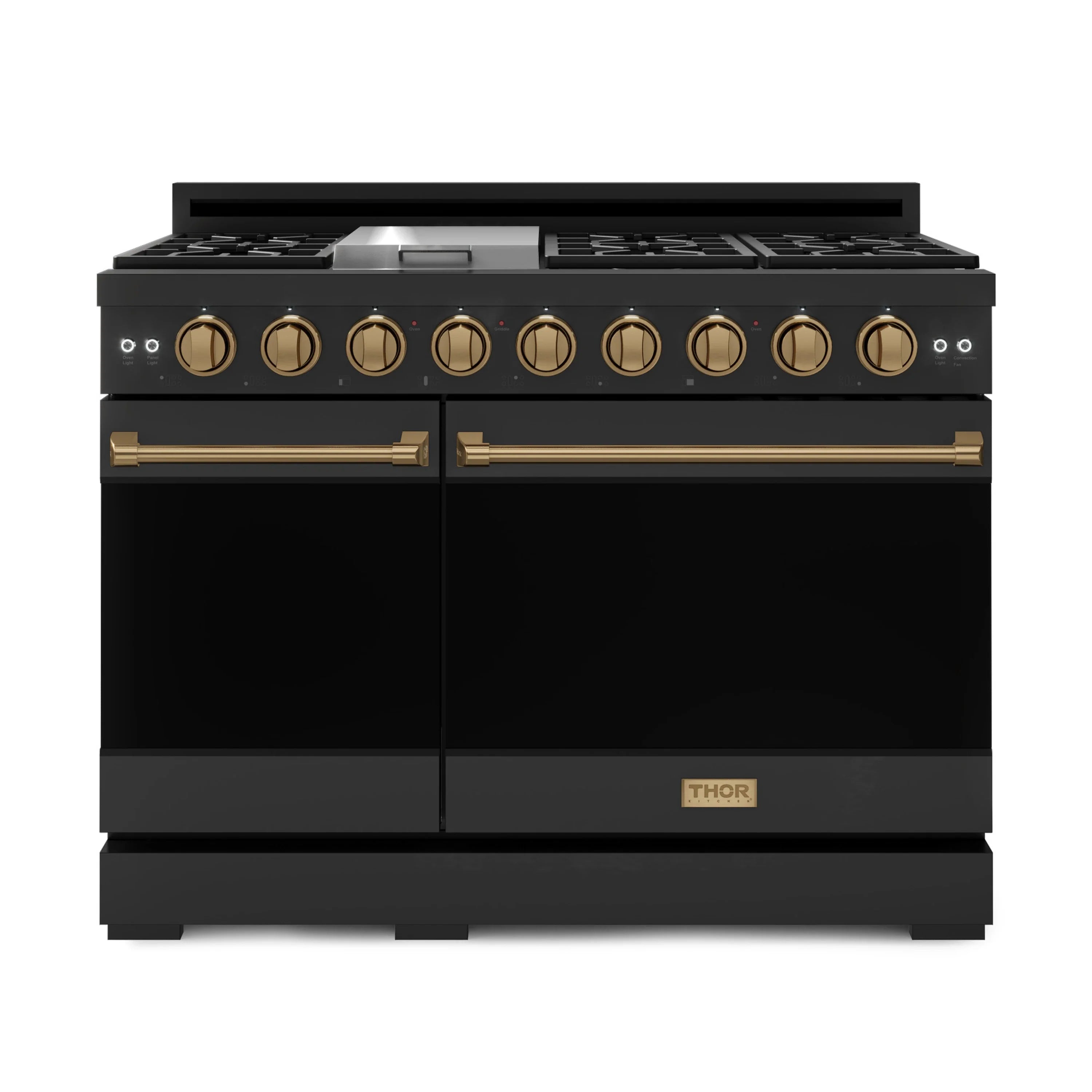 Black gas range with double oven doors and bronze-trim control panel