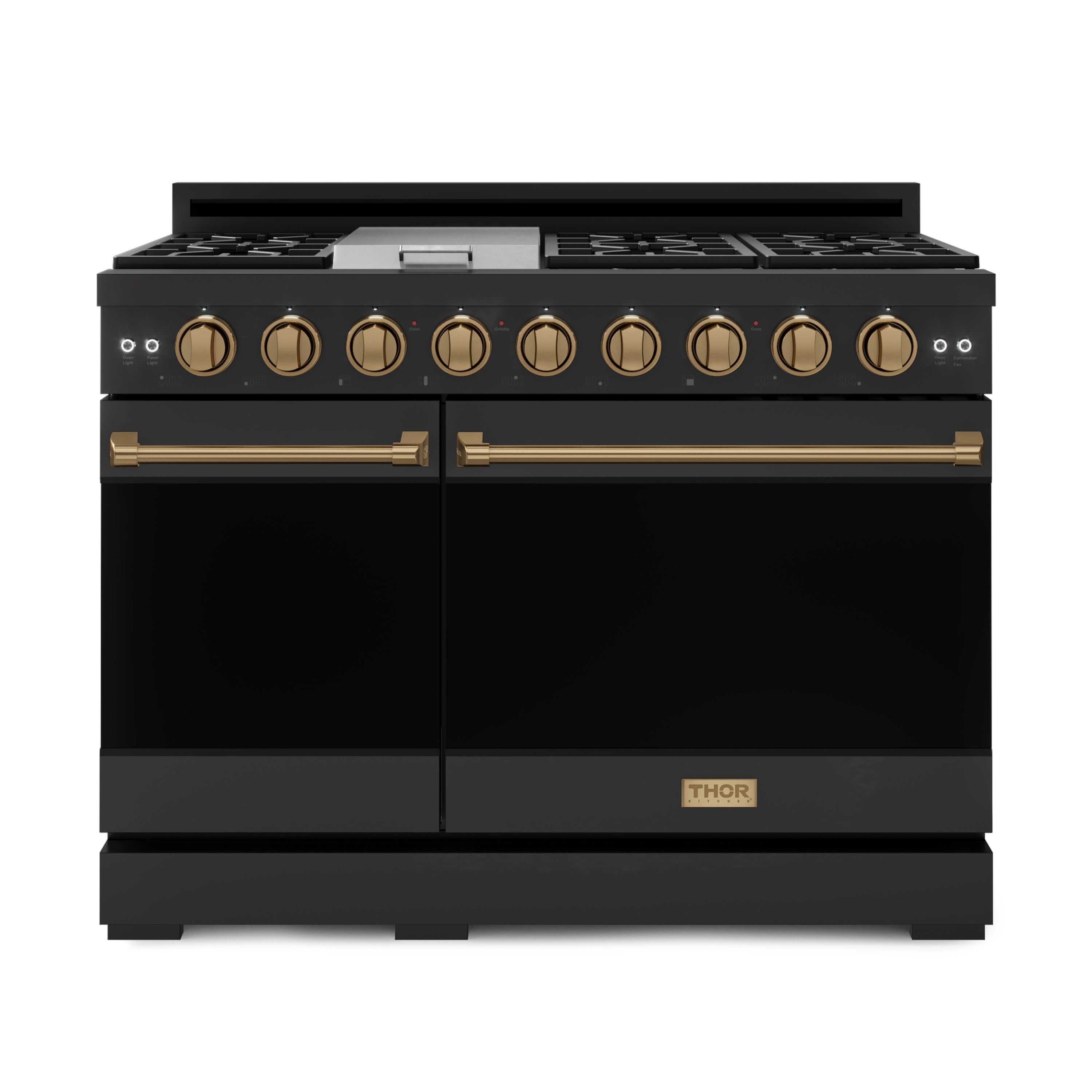 Black 48-inch gas range with bronze-trim control knobs and pro-style cooktop