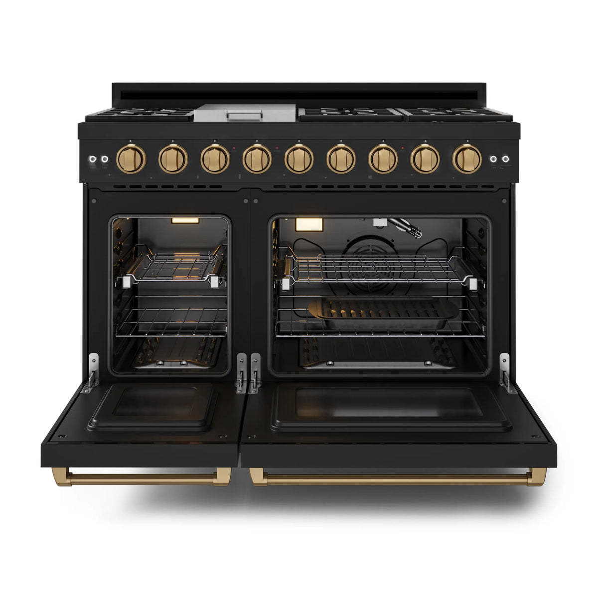 Black double-oven gas range with both ovens open and racks visible