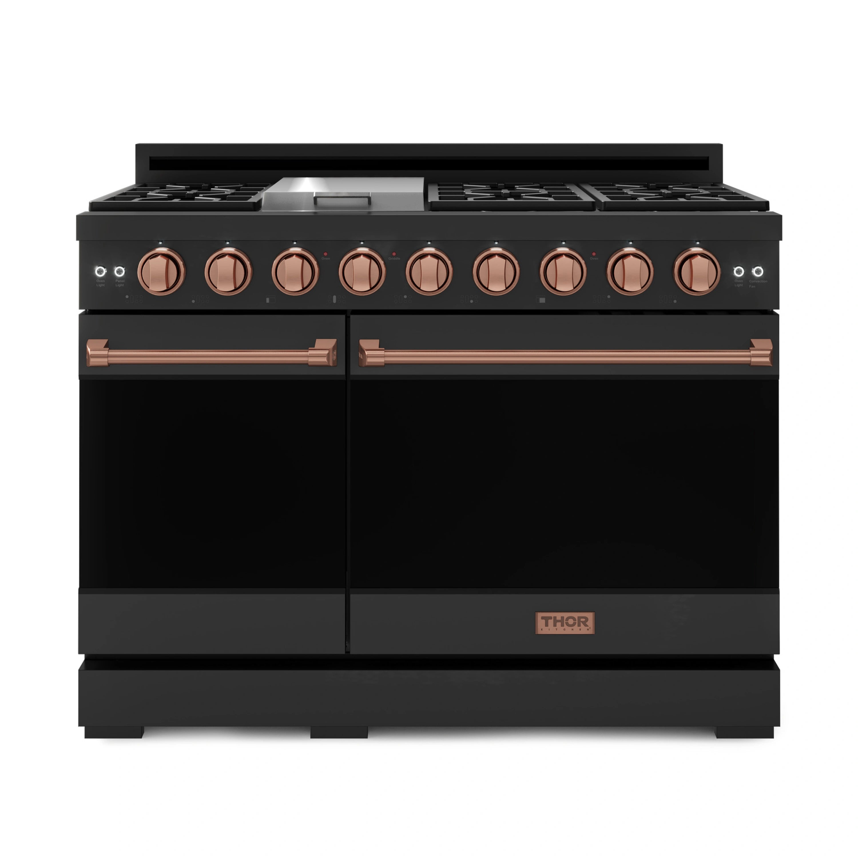 Black gas range with rose-gold control knobs and double oven doors