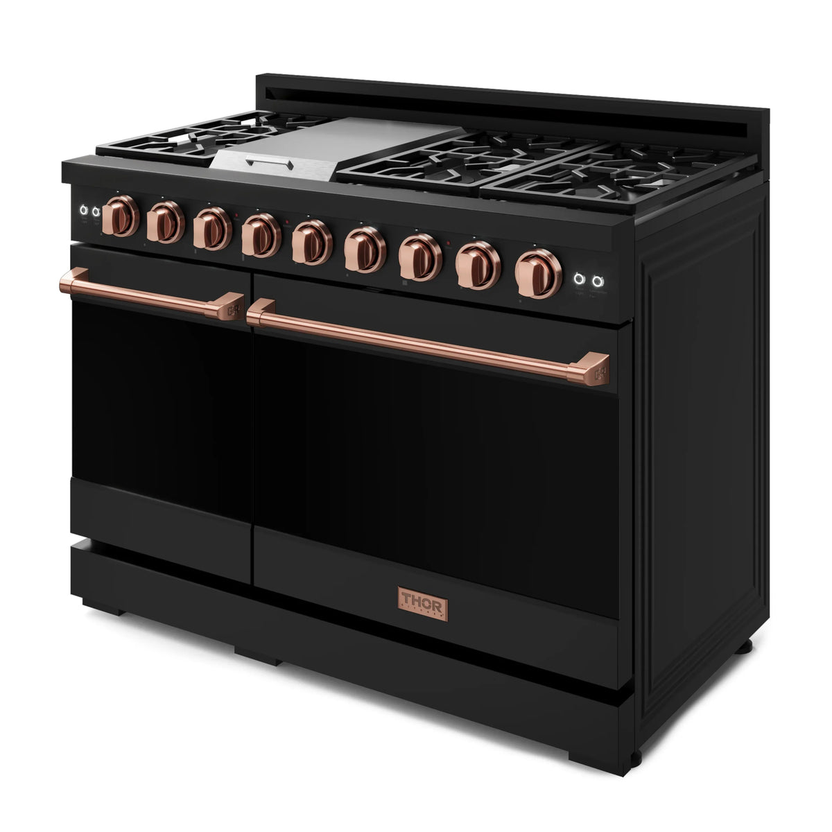 Black double-oven propane gas range with grates and rose-gold burner control knobs.