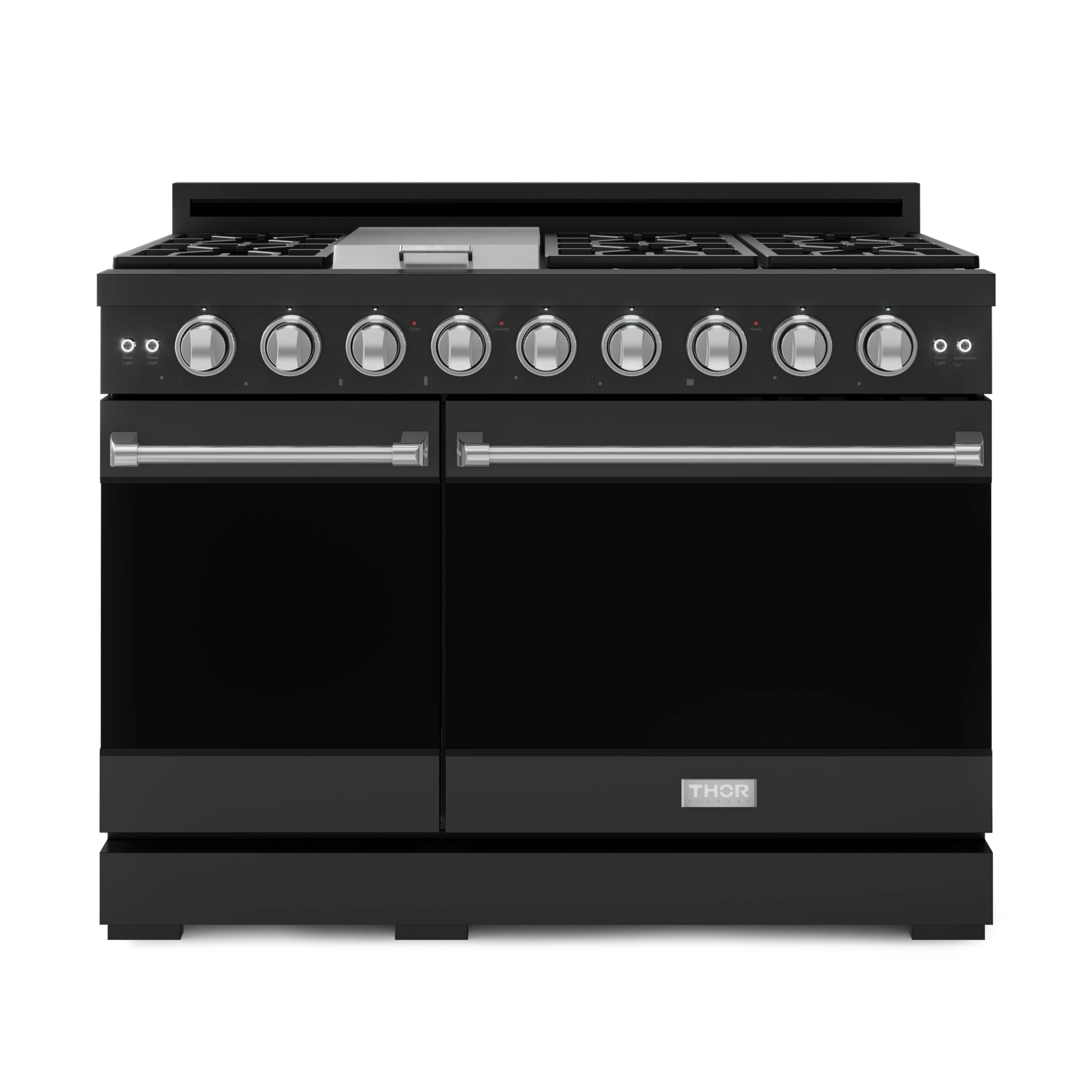 Black double-oven gas range with stainless trim and row of pro-style knobs