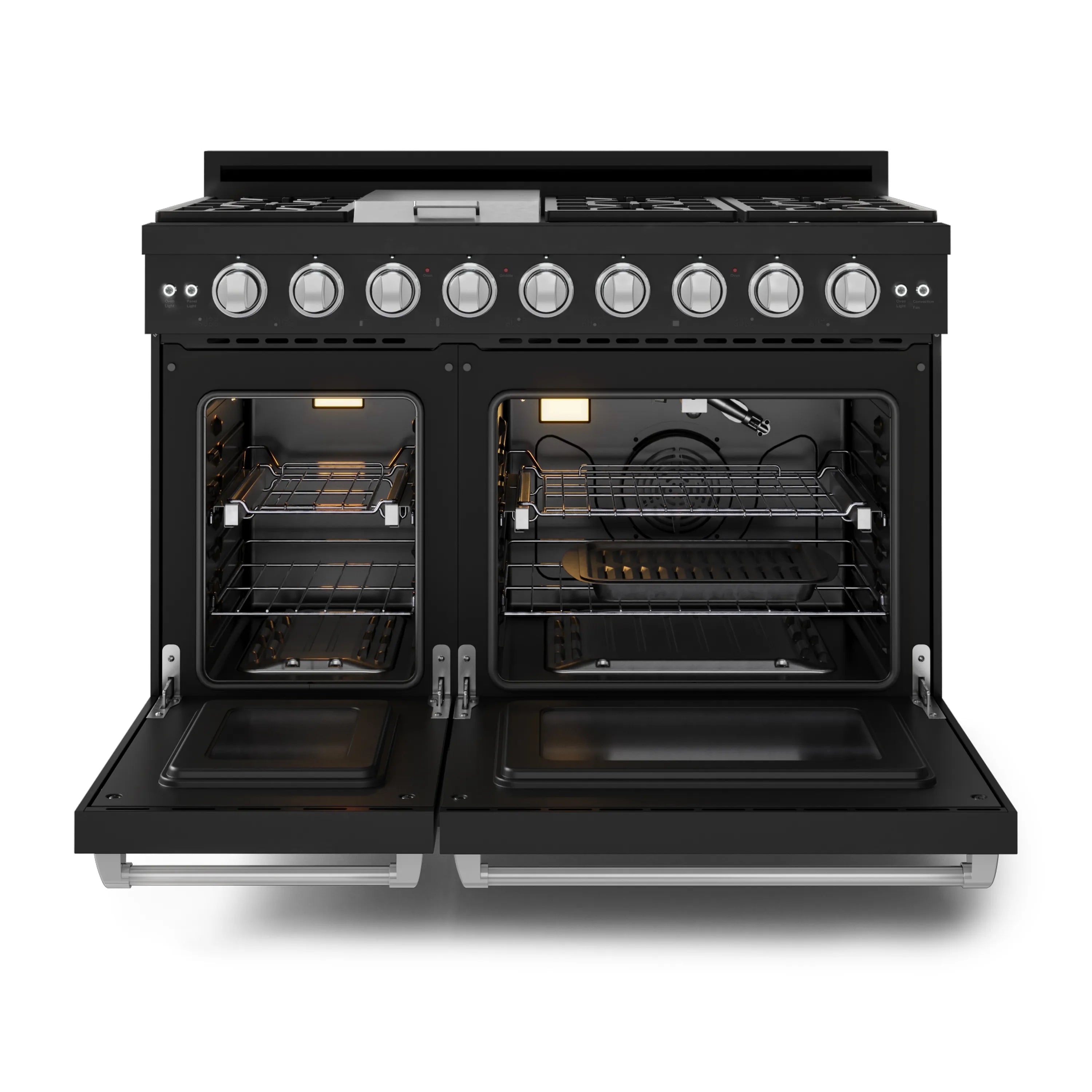 Open black gas range showing two oven compartments and stainless front rails