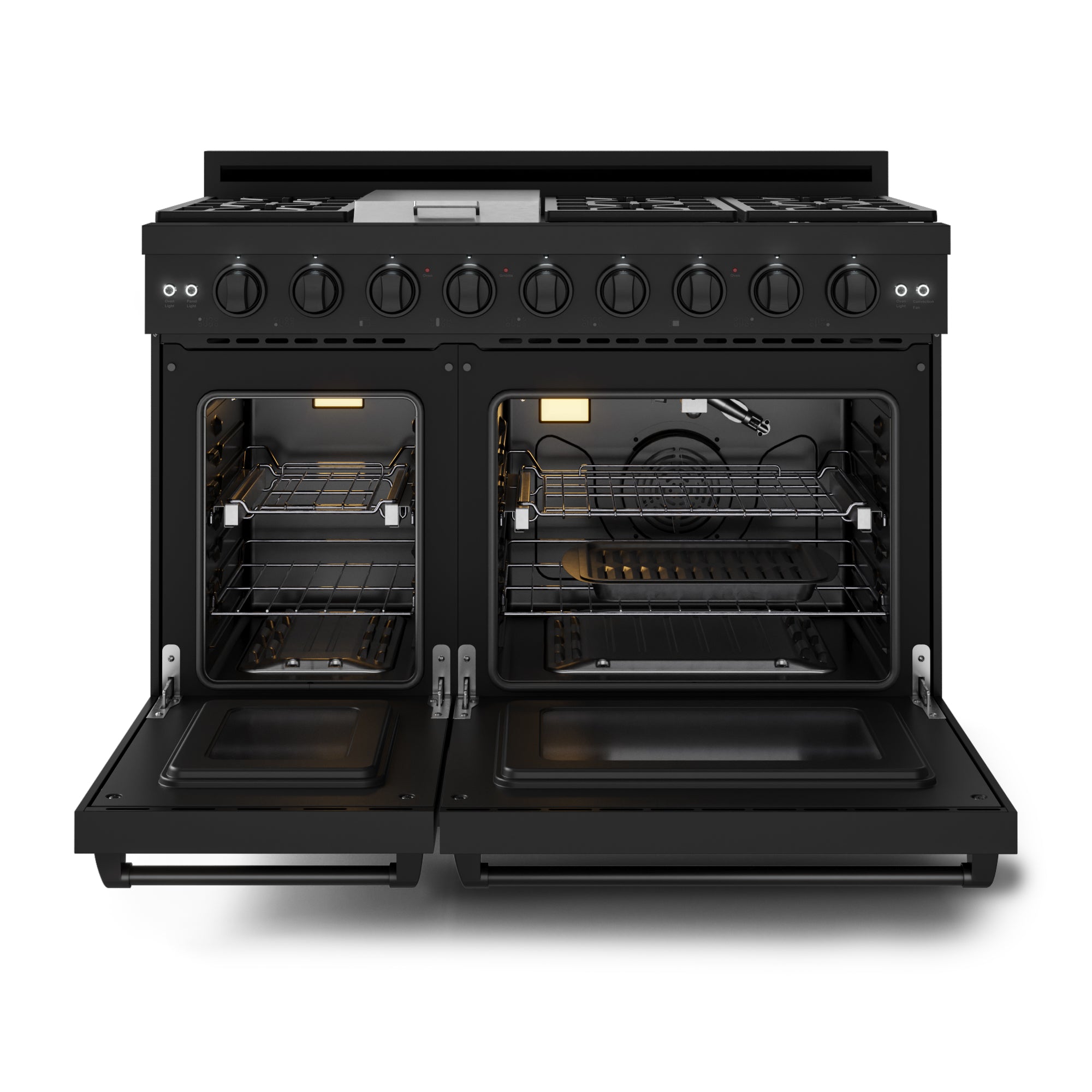 Black gas range with double ovens open, showing bake trays and broil area