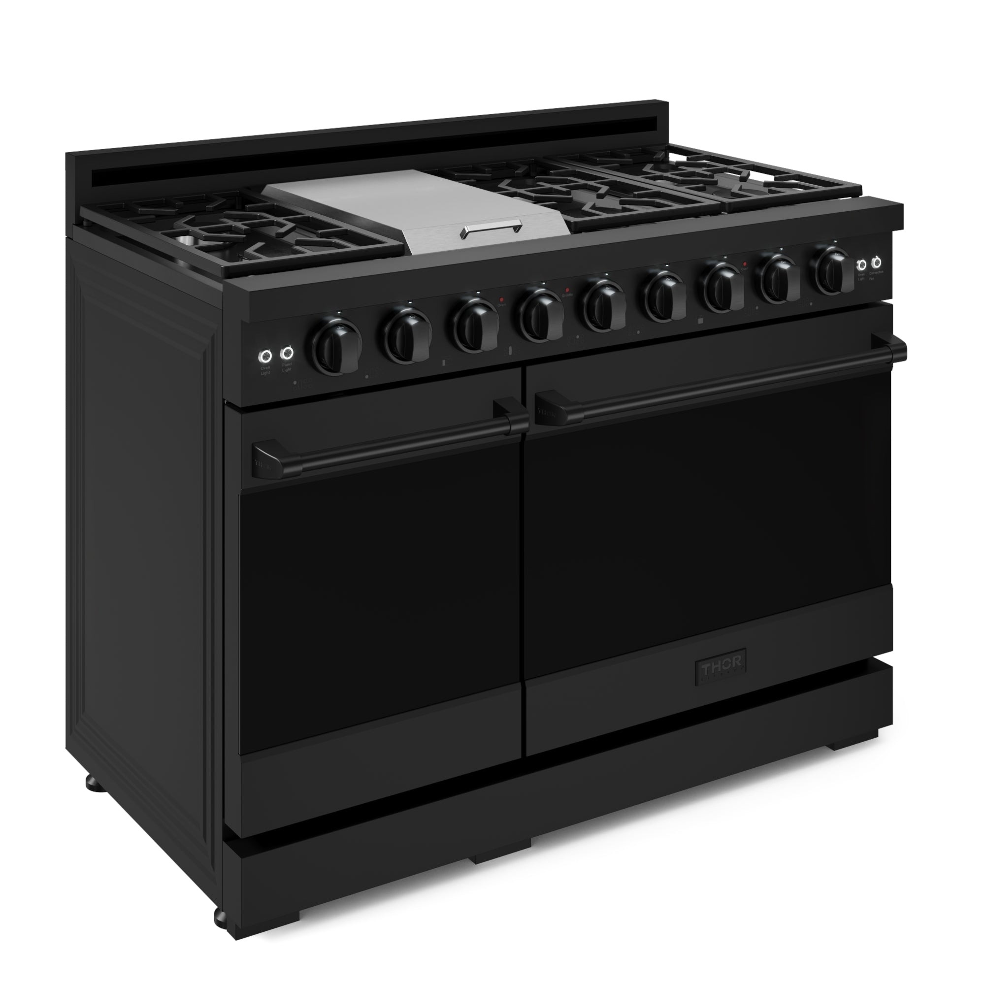 Black 48-inch gas range with dual oven doors and front control knobs