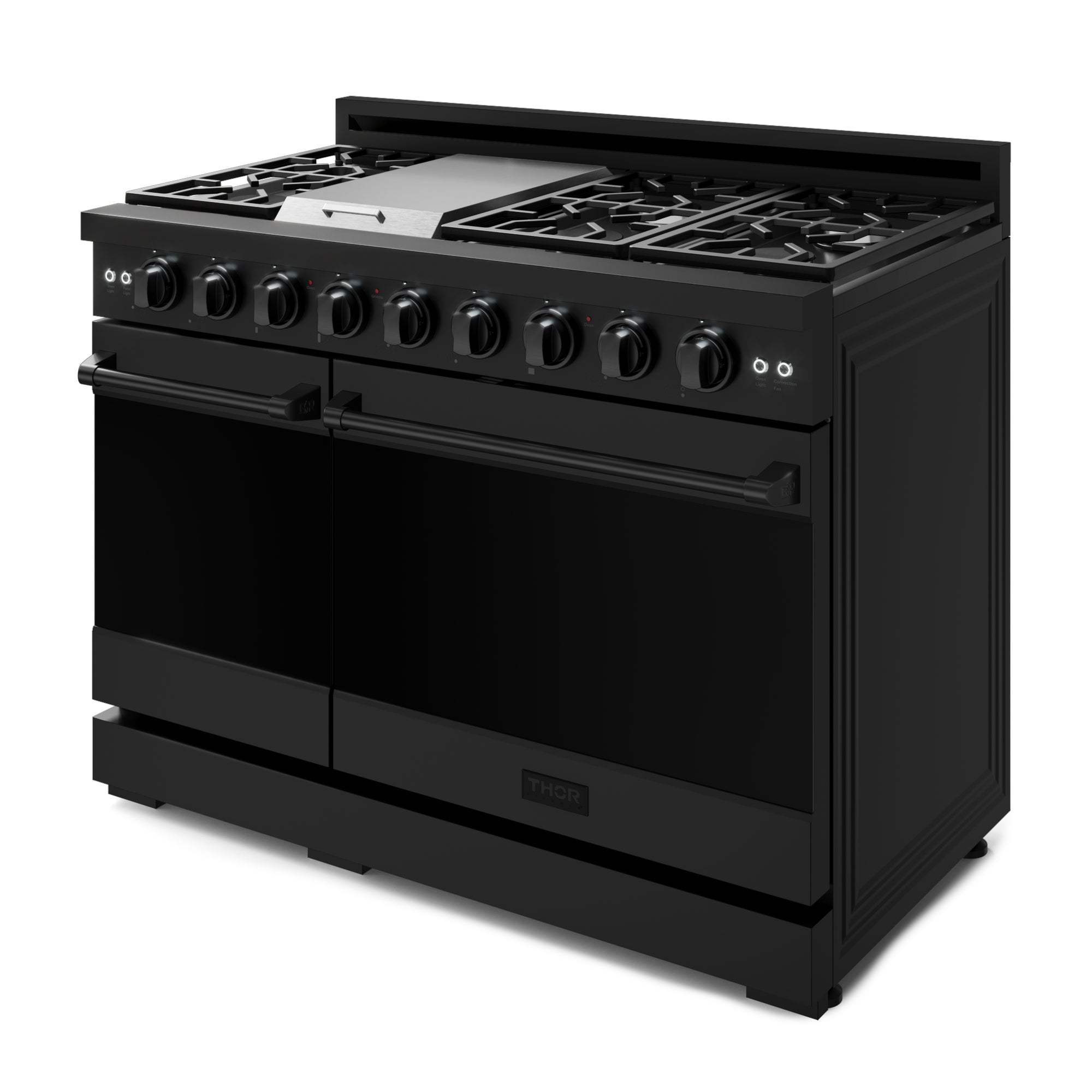 Black gas range with cooktop grates, control knobs, and double-oven doors