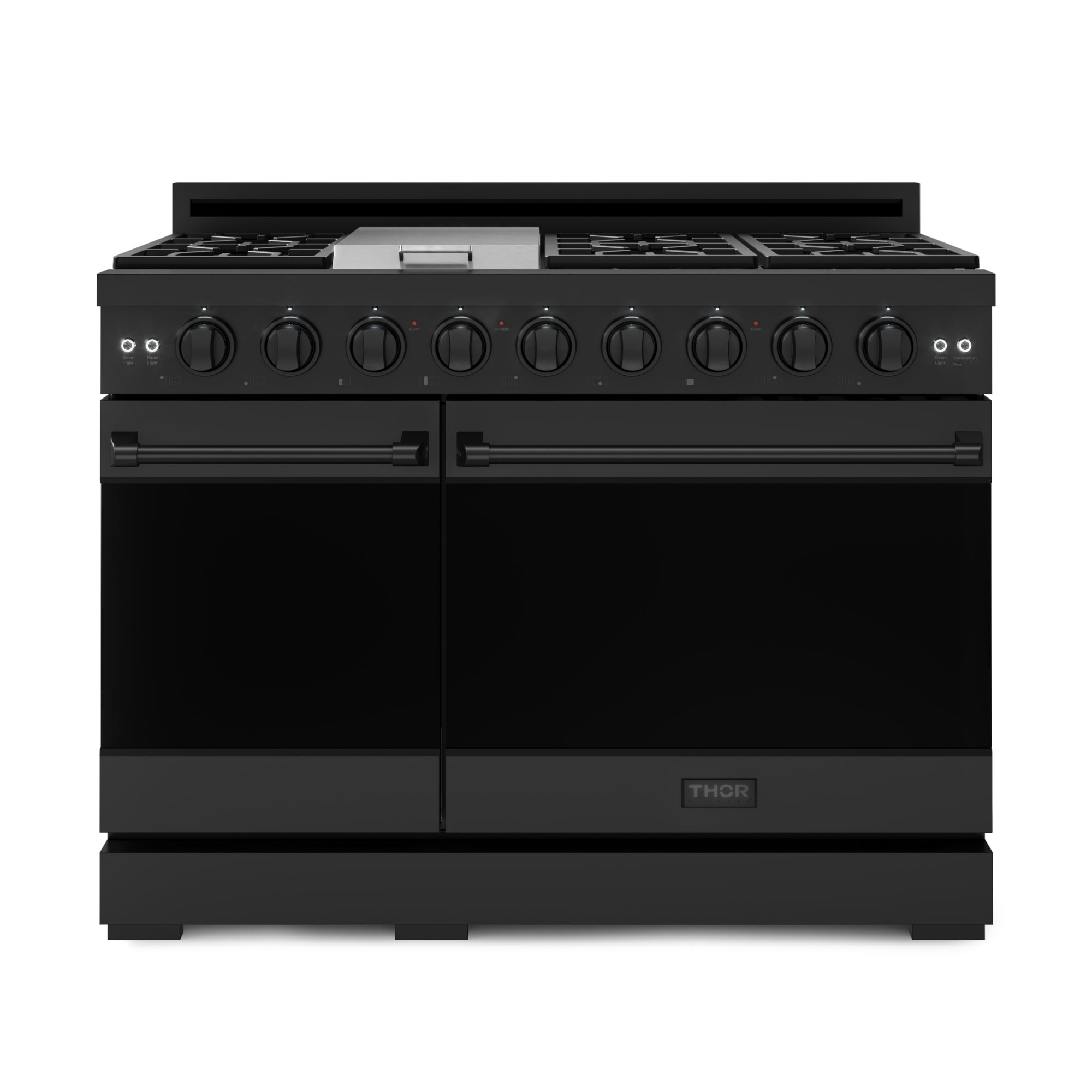 Black pro-style natural gas range front view with dual oven doors and knobs