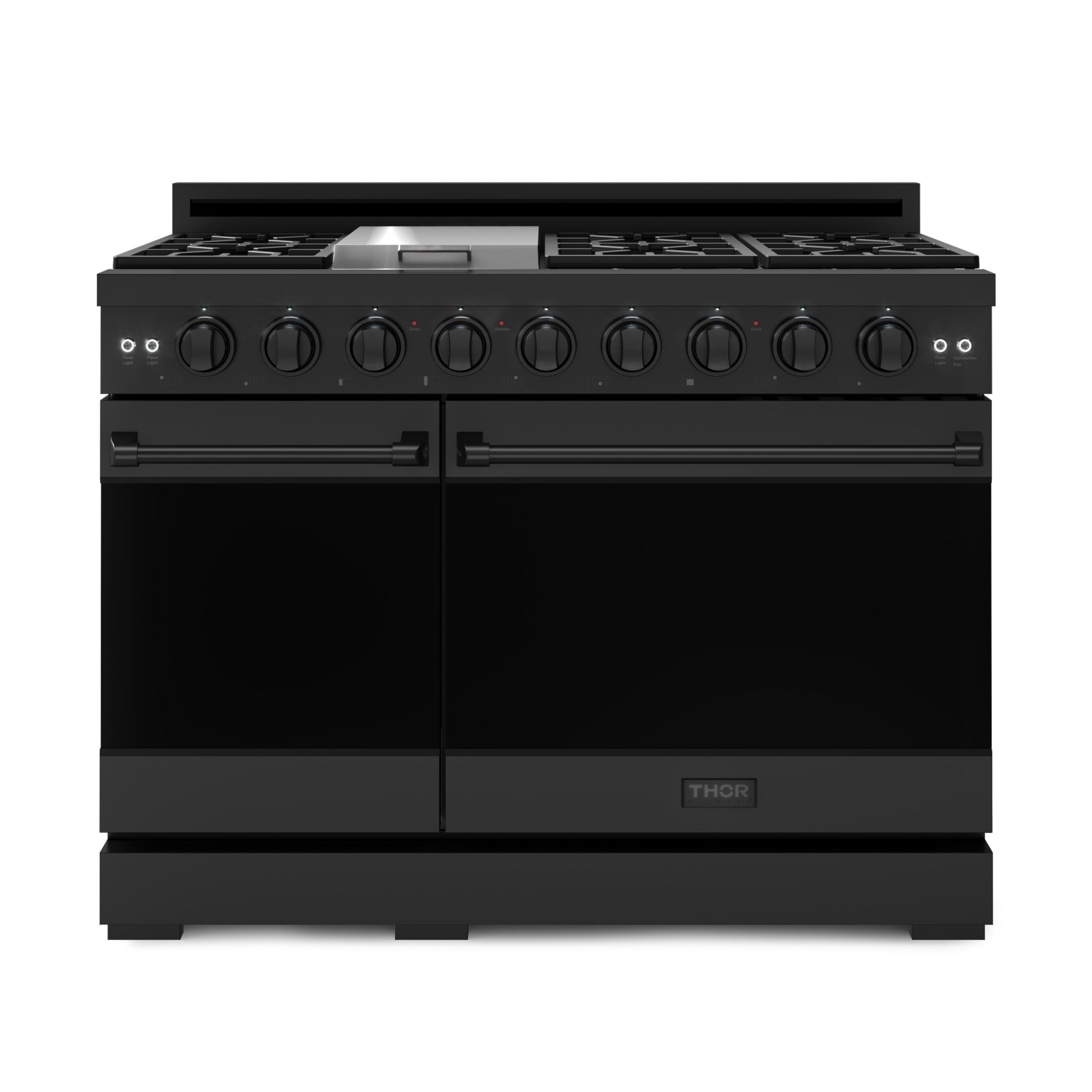 Black gas range with double ovens, front control knobs, and continuous cooktop grates