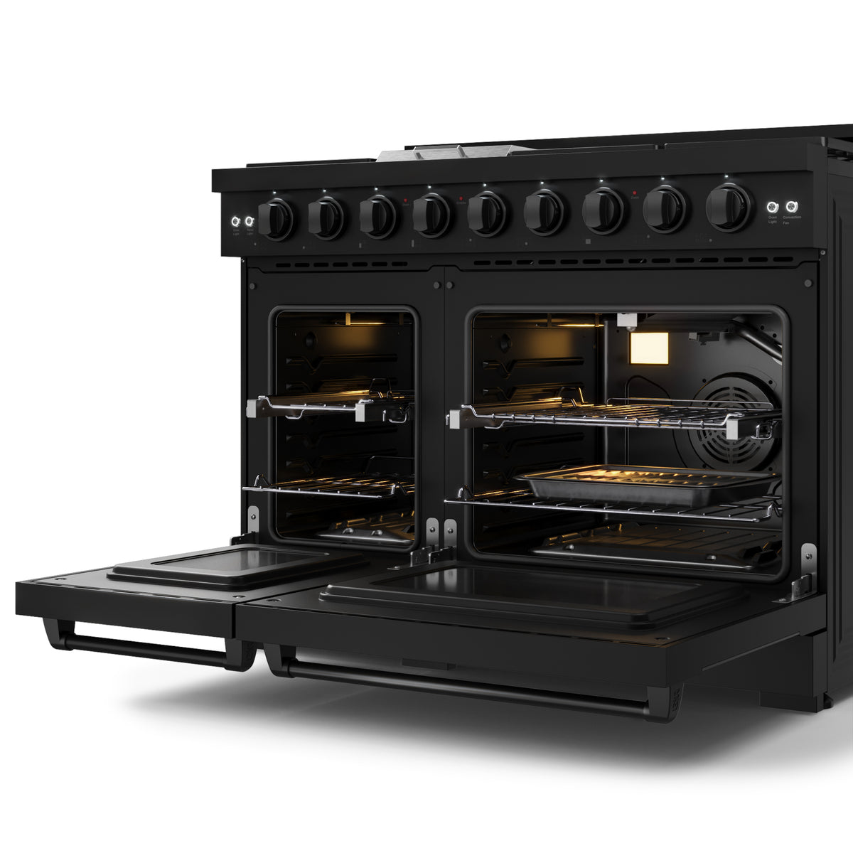 Black natural gas range with both oven doors open, showing racks and burners