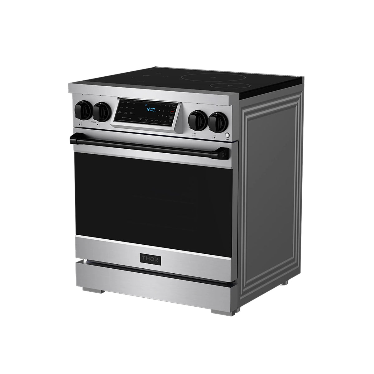 Stainless steel induction range with black oven door and THOR logo on lower panel