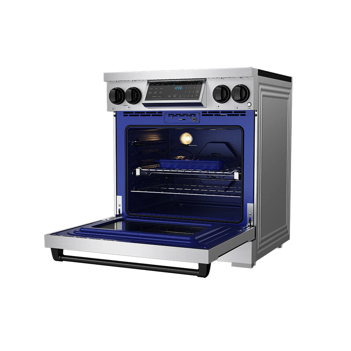 Induction range with open door, stainless frame, and blue-lit oven interior