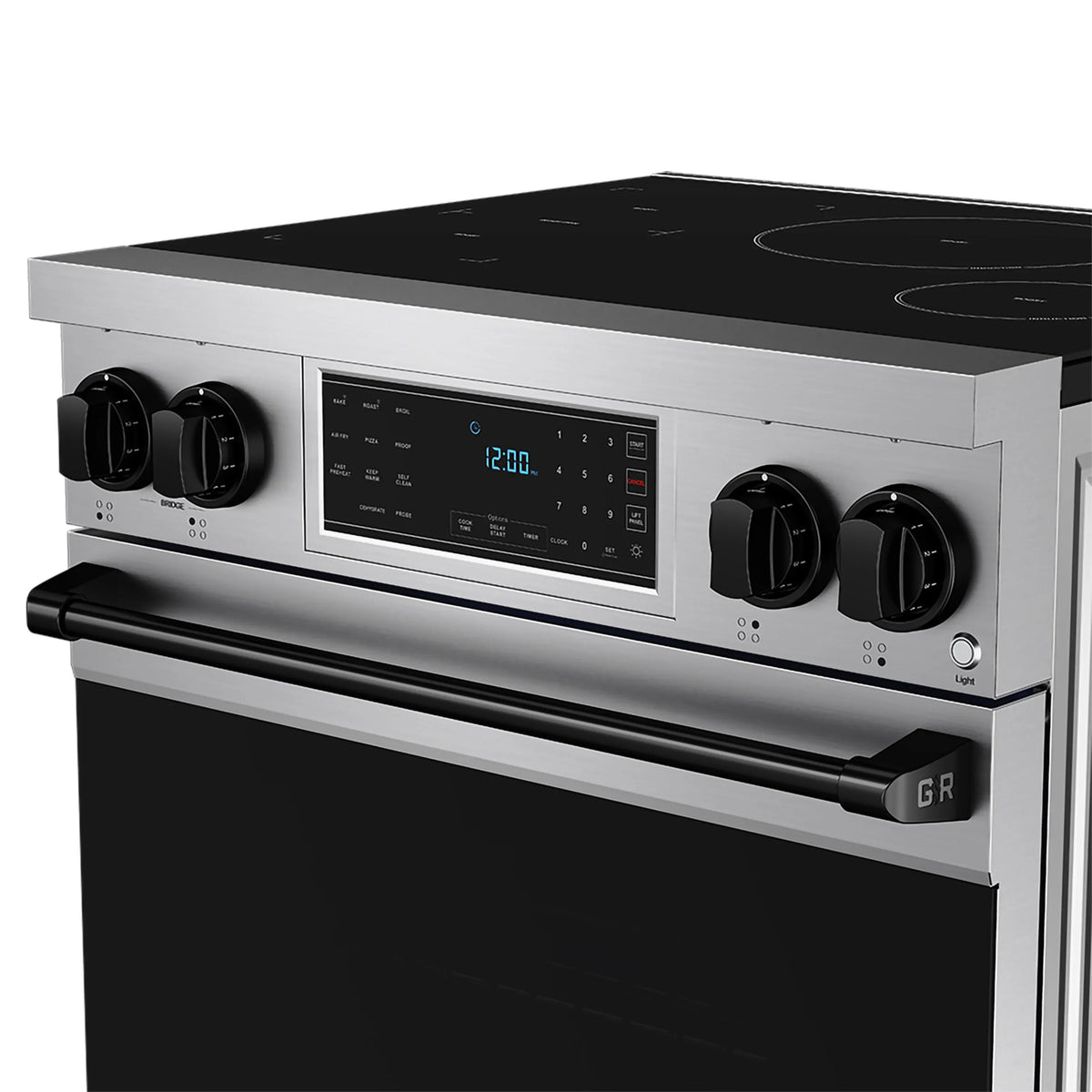 Stainless steel induction range control panel with black knobs and digital display