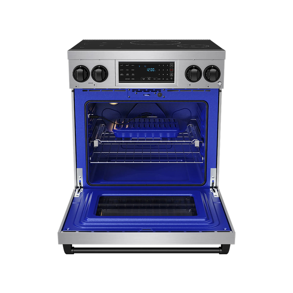 Stainless steel induction range with open oven door and blue interior racks