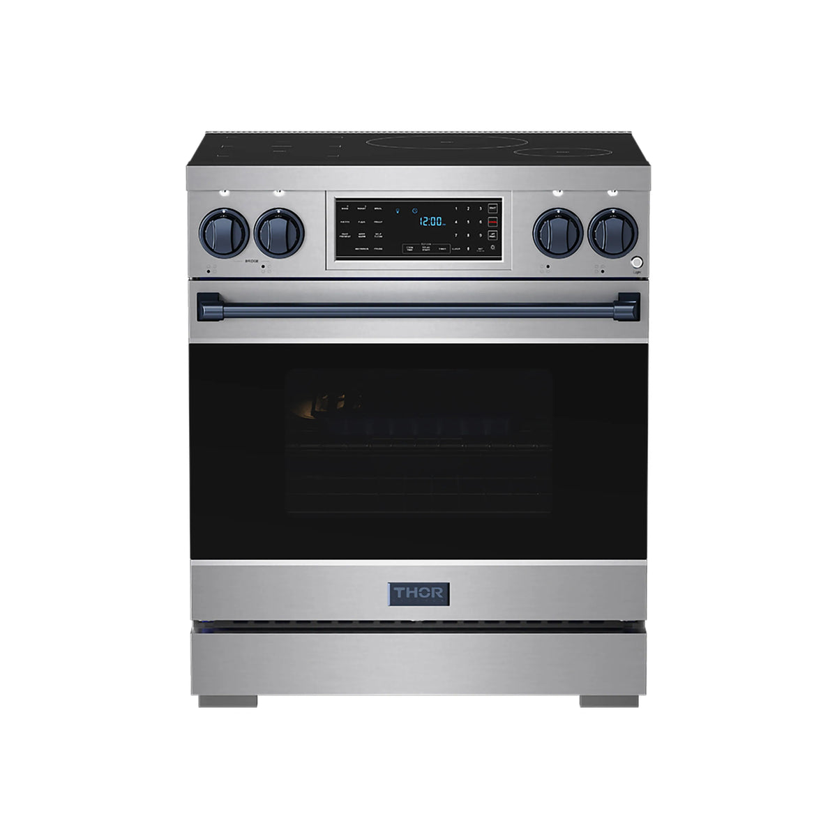 Stainless steel induction range front with black door window and THOR logo on drawer