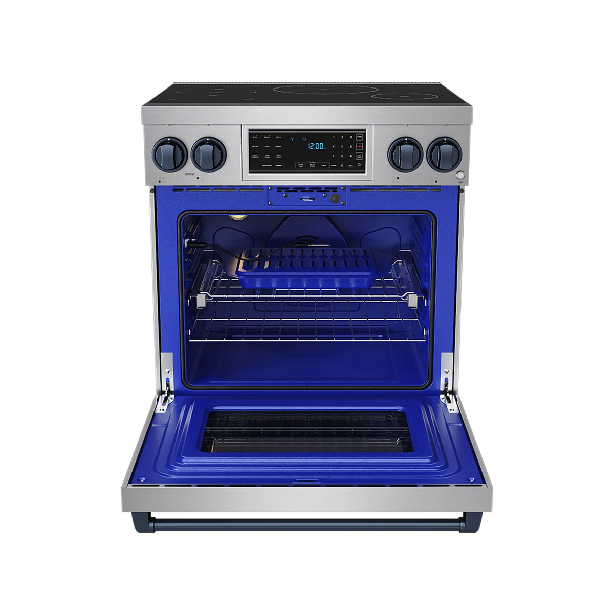 Stainless induction range with oven door open showing blue interior racks