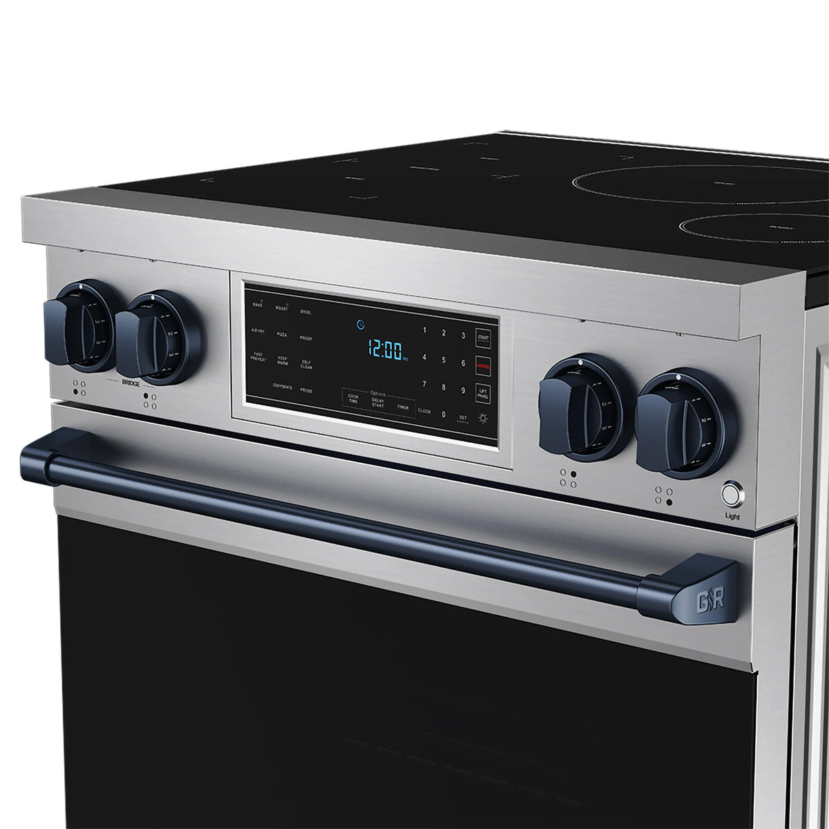 Stainless steel induction range control panel with digital display and blue accent handle