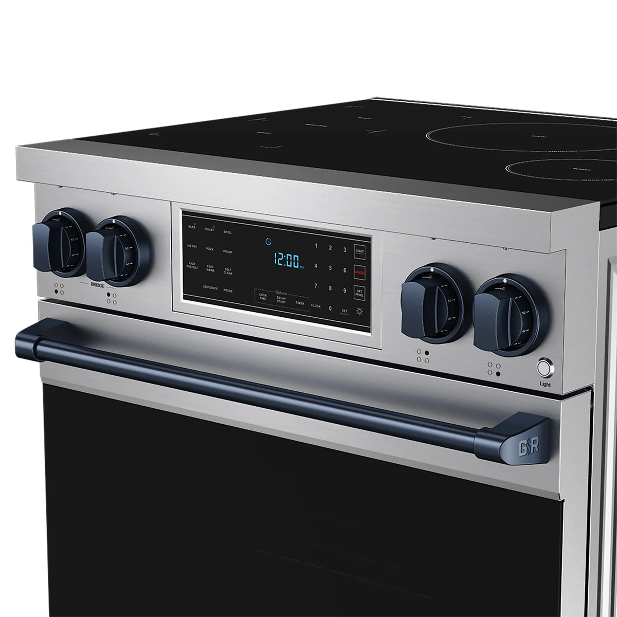 Stainless induction range control panel with blue-lit display and black cooktop