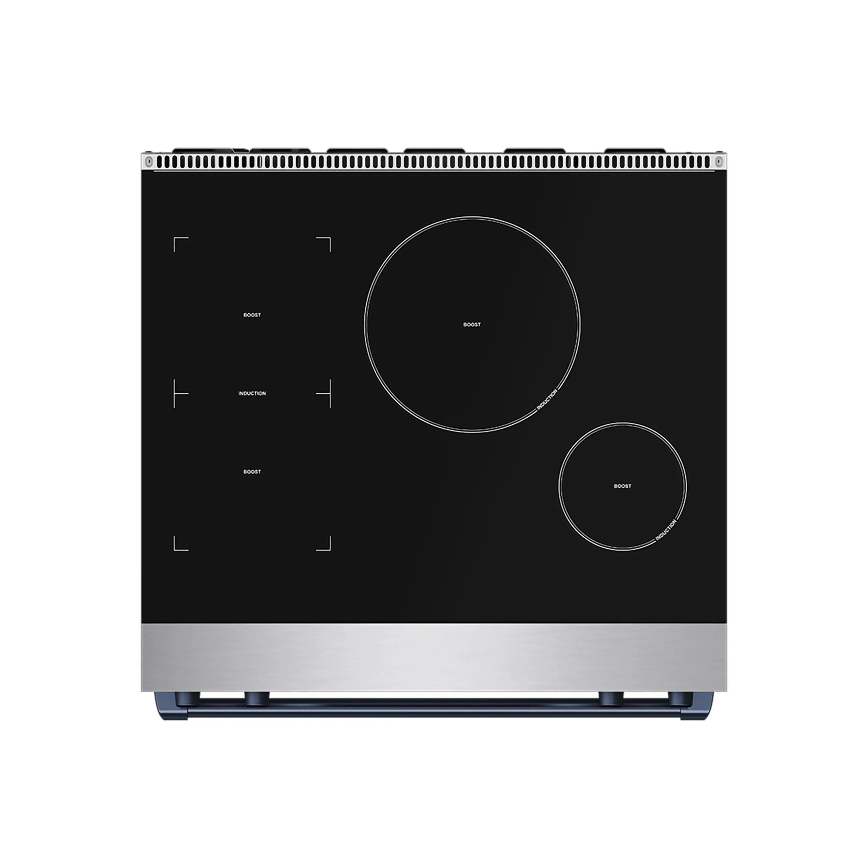Black induction cooktop with circular and zone markings on stainless steel base