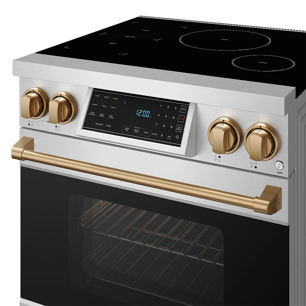 Induction range control panel with bronze knobs, display, and brass-colored handle