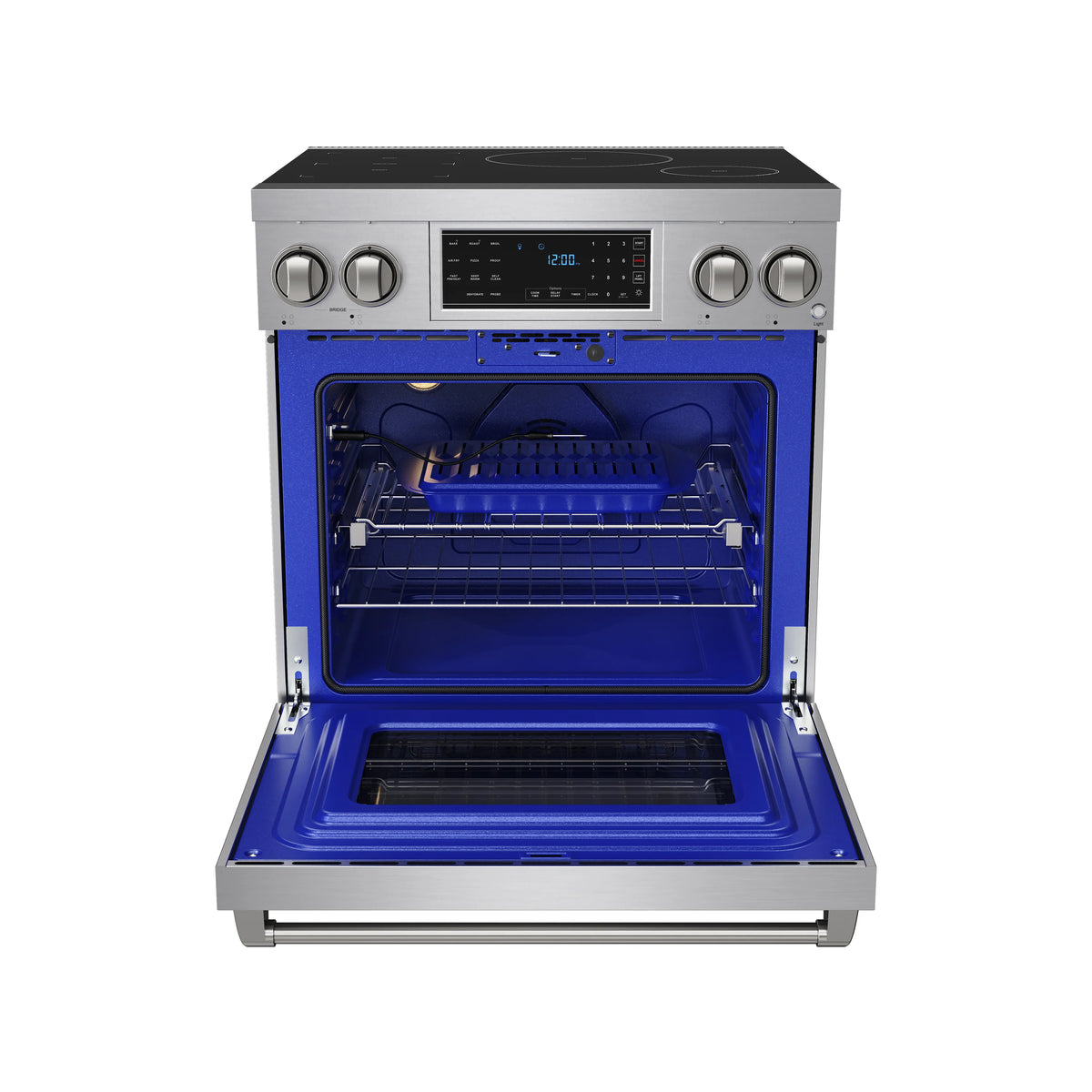 Stainless steel induction range with open oven door and blue interior racks