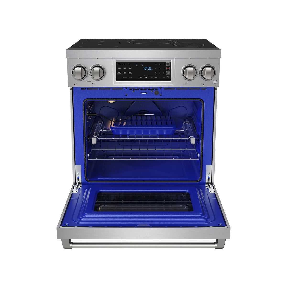 Thor induction range with open door and blue oven interior