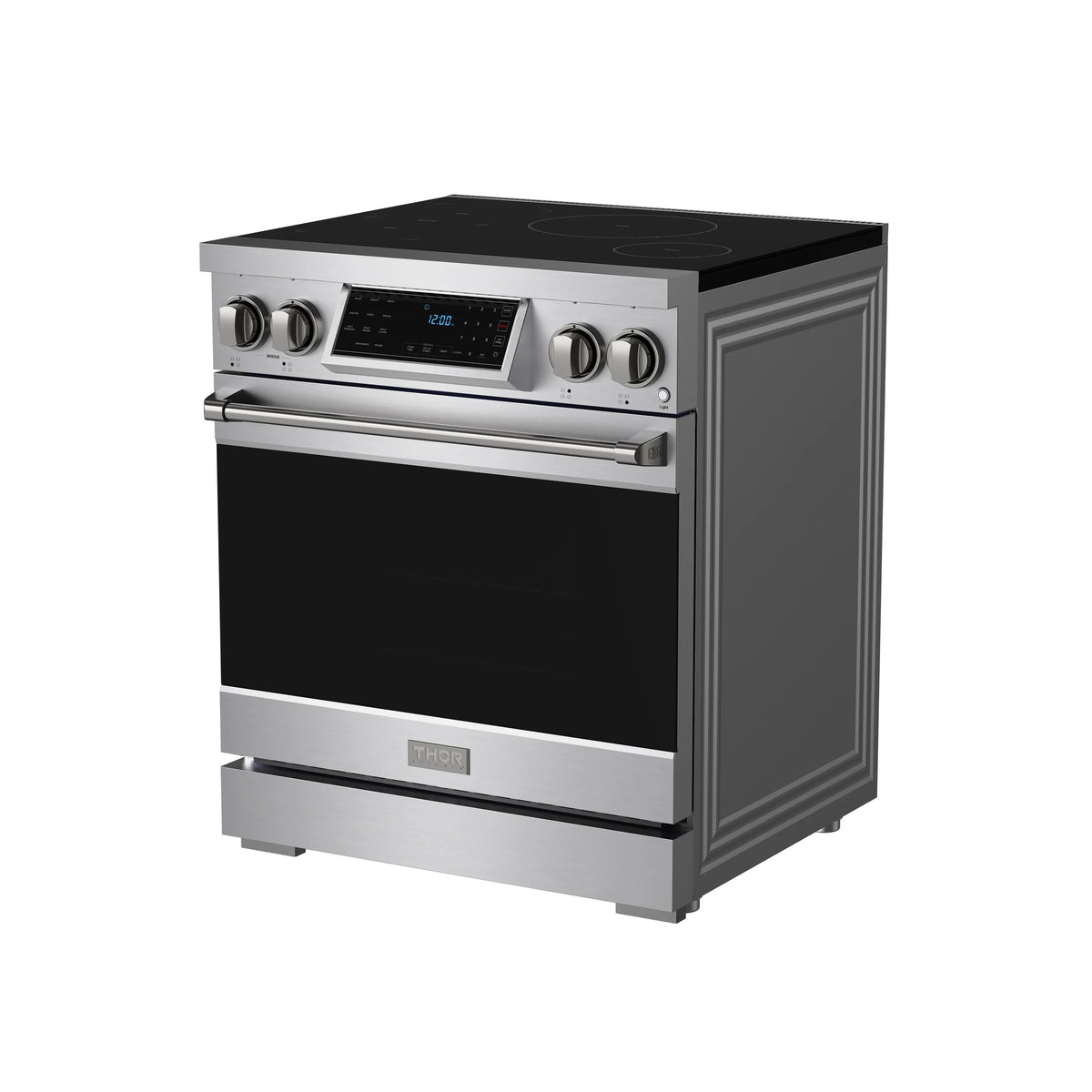 Stainless steel induction range side view with black cooktop and front control knobs