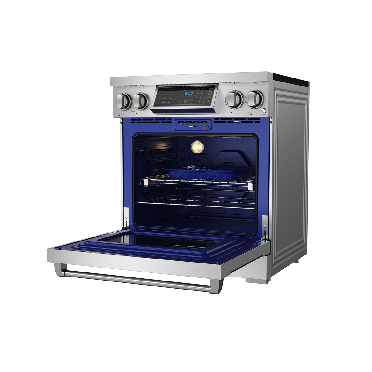 Stainless steel induction range with oven door open, showing blue cavity and grates