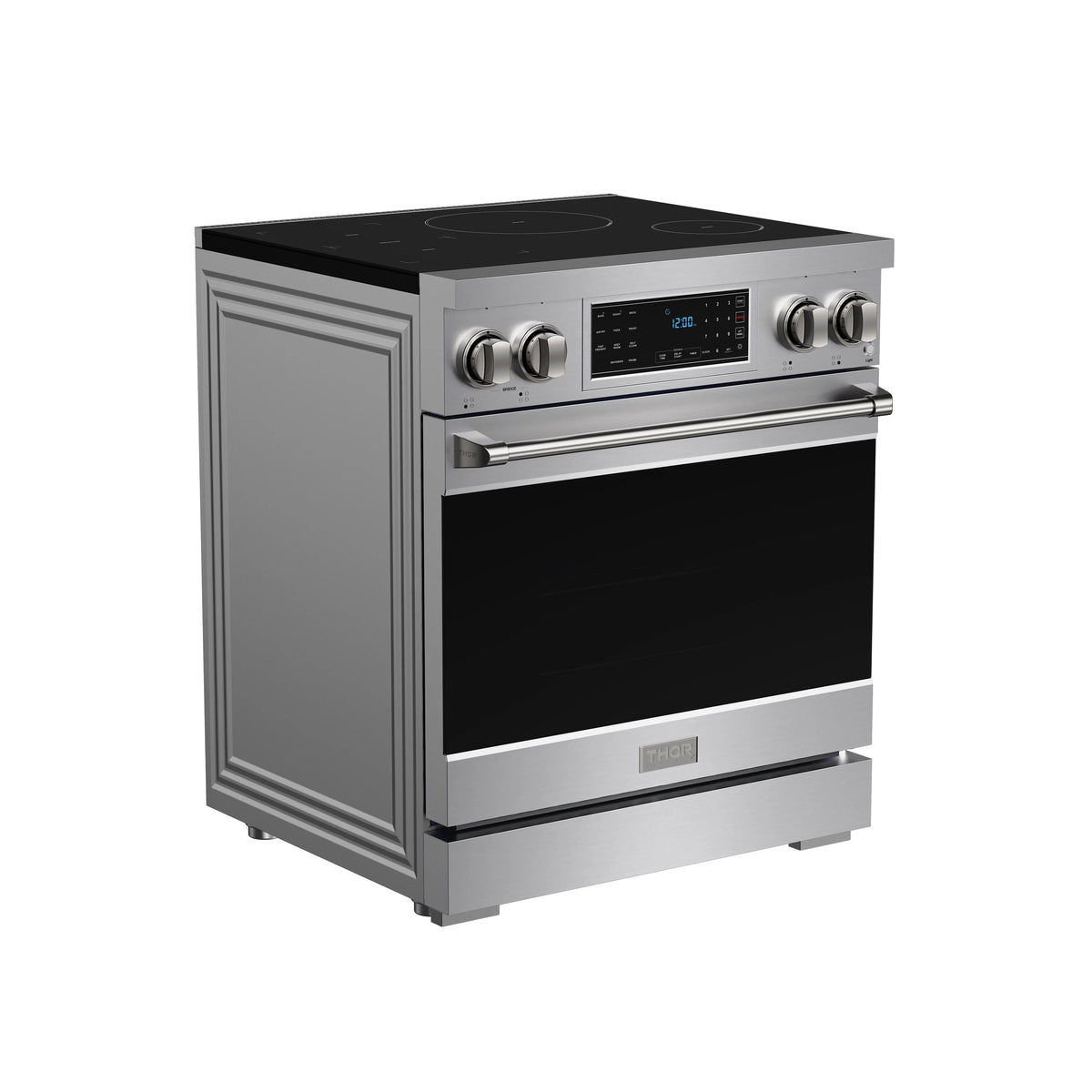 Stainless steel induction range front view with black oven door and cooktop knobs