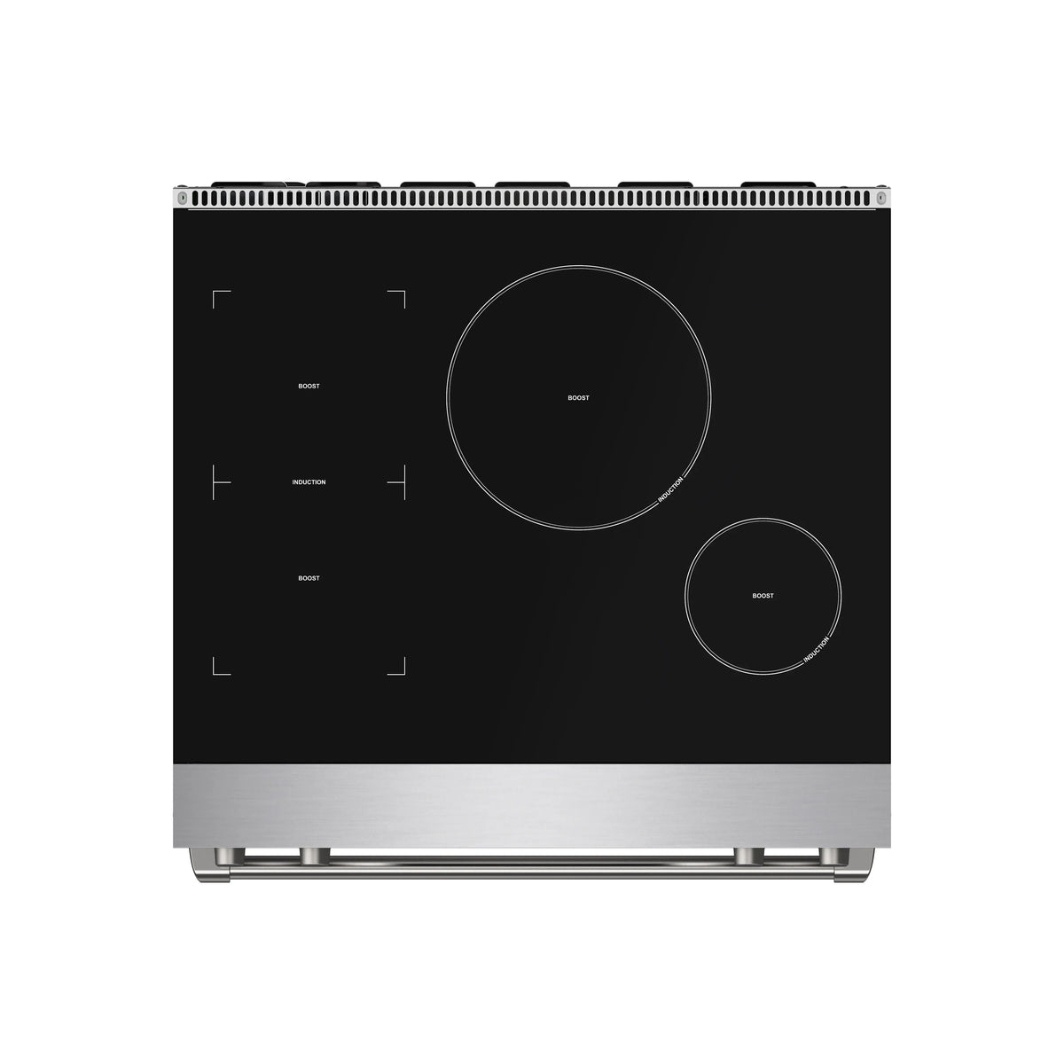 Black induction cooktop with burner zones and control markings on stainless base