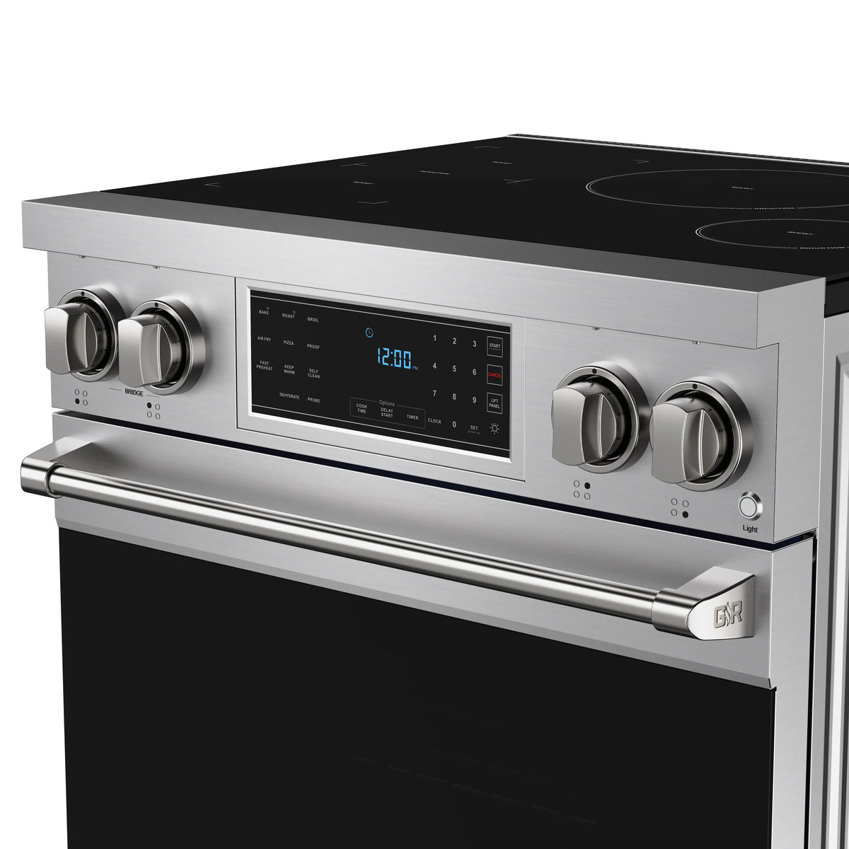 Thor induction range close-up of control panel with digital display and knobs