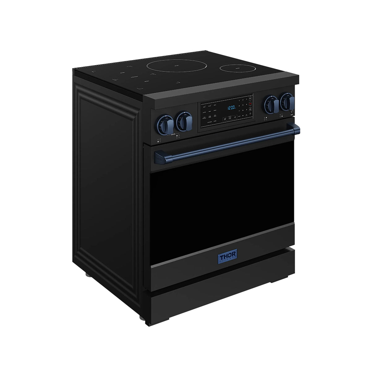 Black induction range with blue-trimmed oven door and control panel