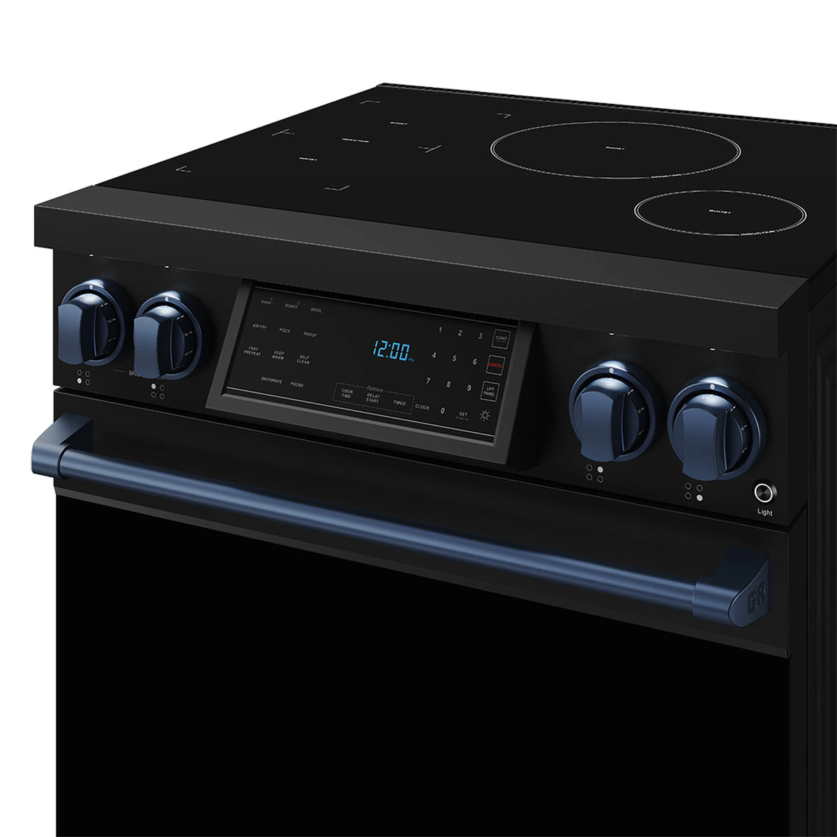 Black induction cooktop with four coil burners, blue control knobs, and digital display