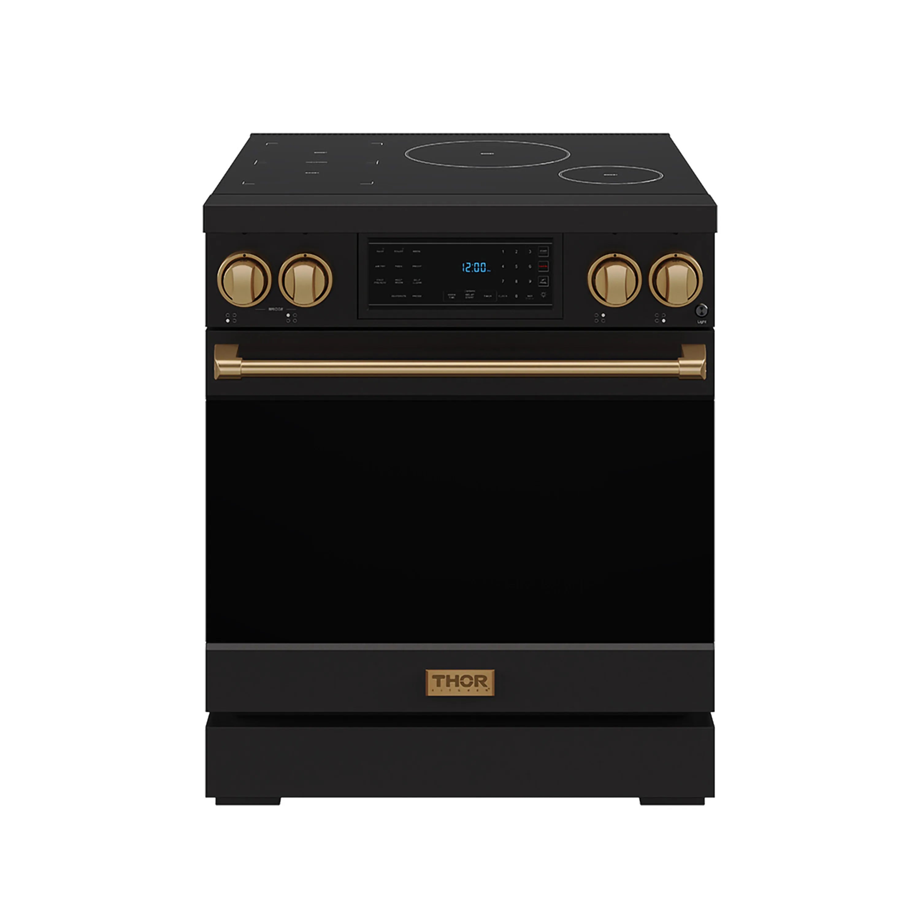 Black induction range with bronze trim, front control panel and four cooktop zones