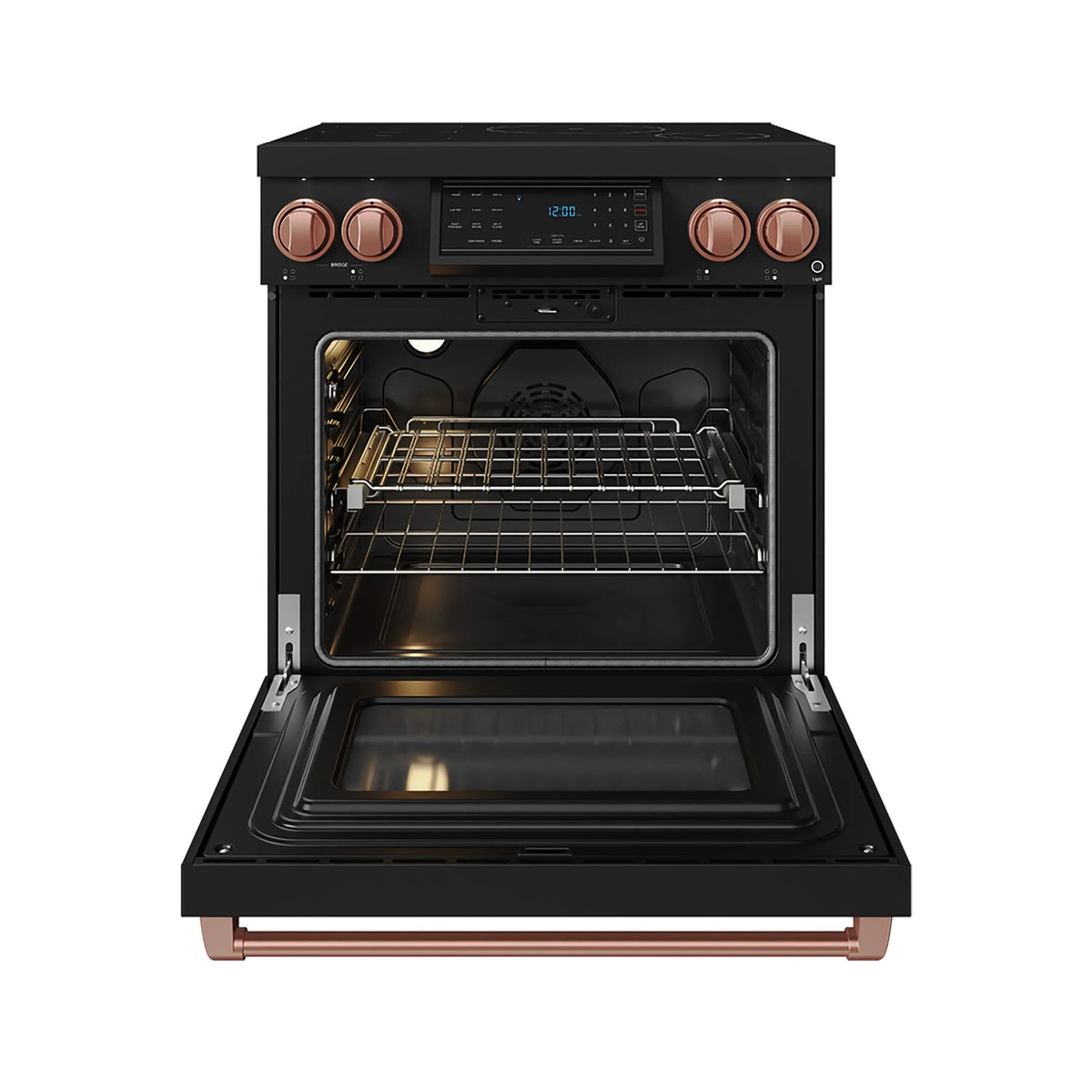 Black induction range with open oven door, cooktop controls, and rose gold trim