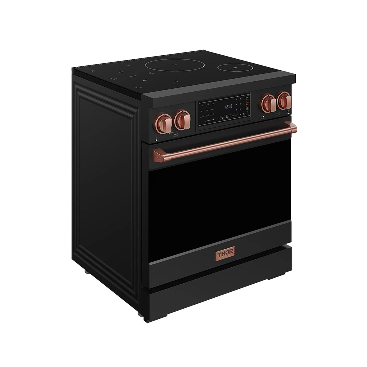 Black induction range with rose-gold handle, tilt touch panel, and copper-knob controls