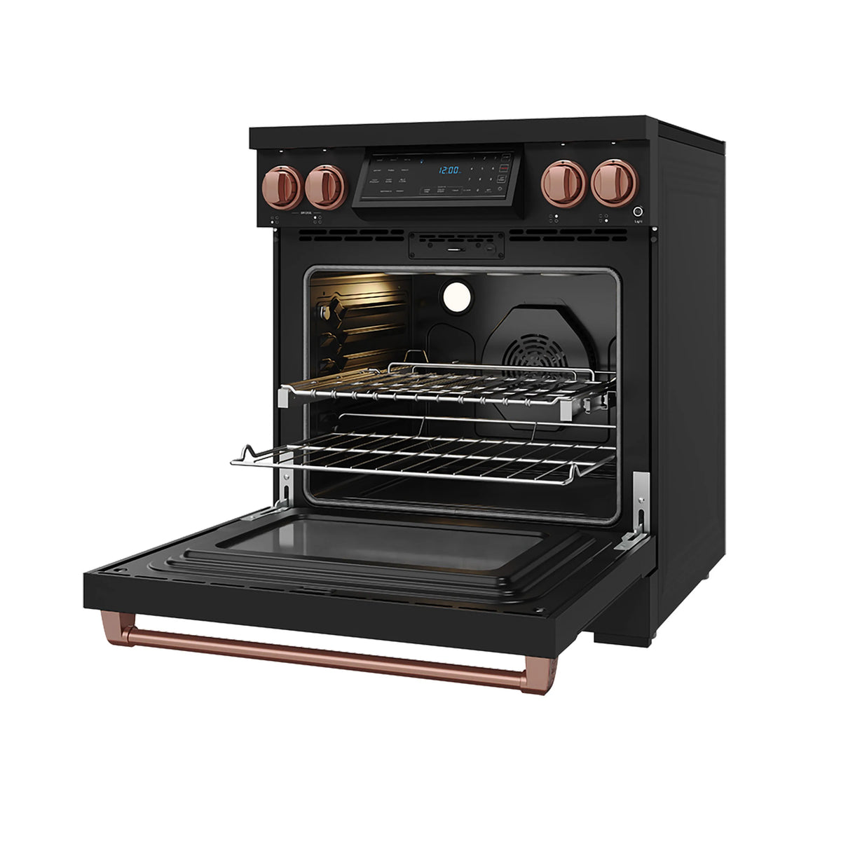 Black induction range with oven open, baking rack and bake tray, rose-gold handle