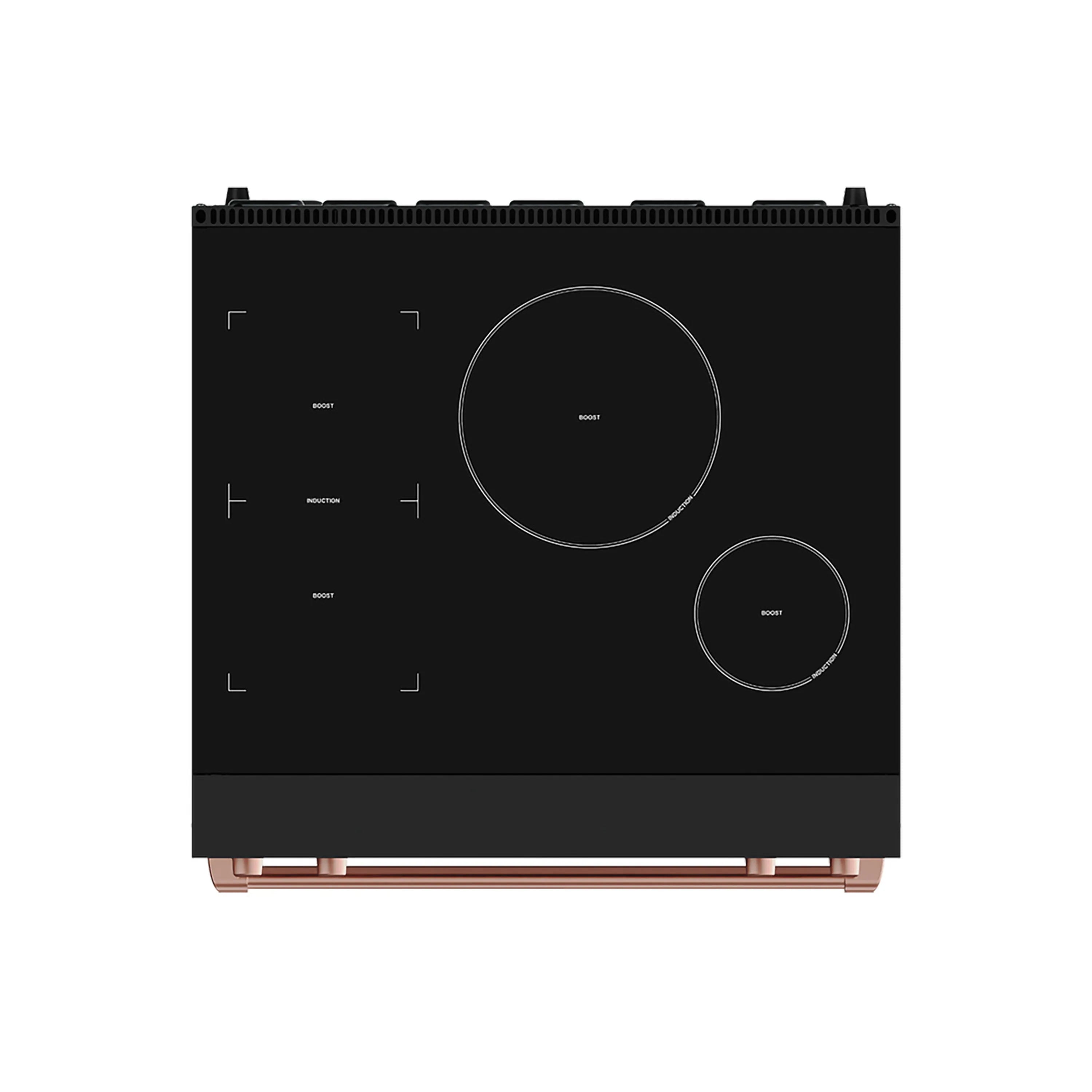 Black induction cooktop with two large burner circles and control area, rose-gold legs