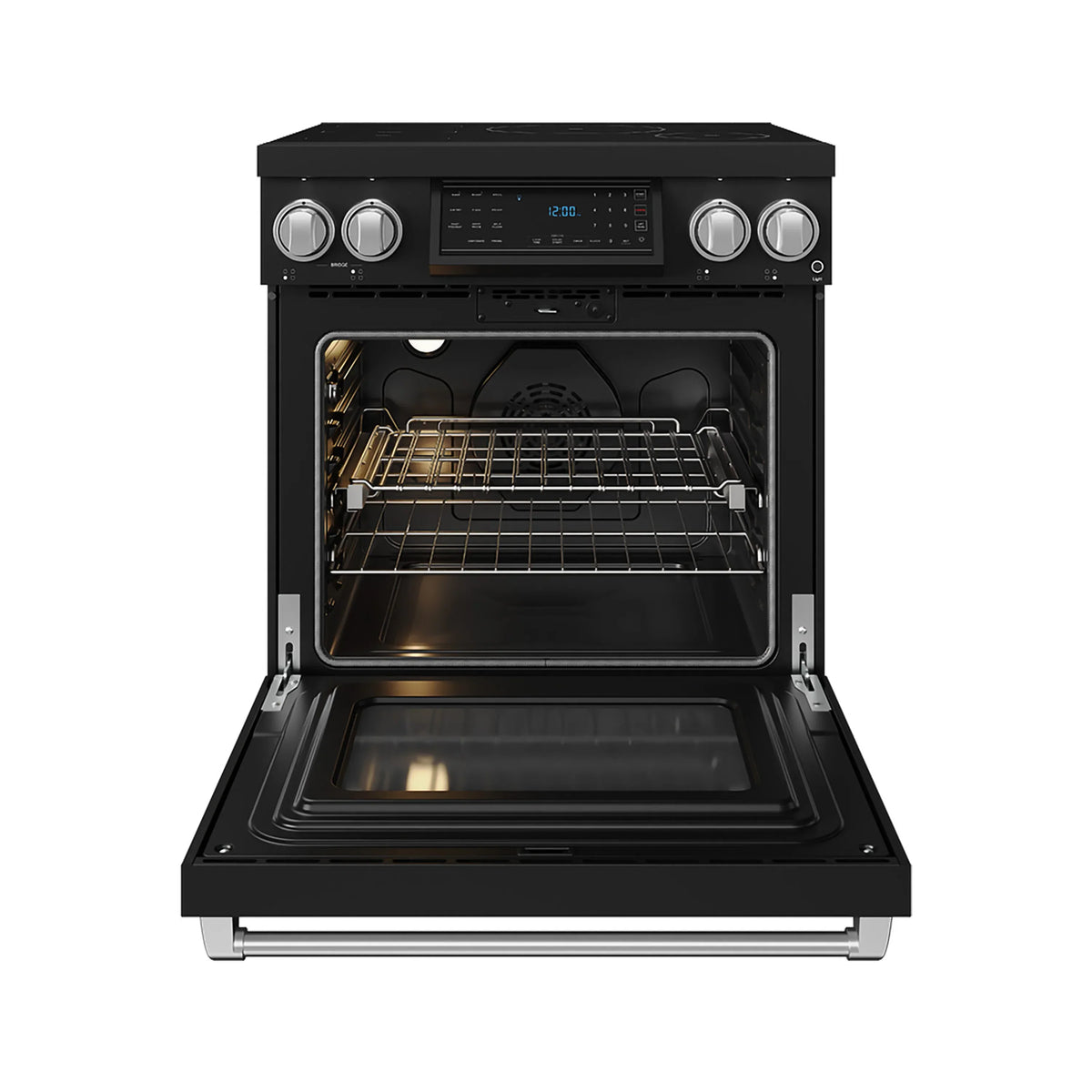 Black induction range with oven door open and wire rack inside