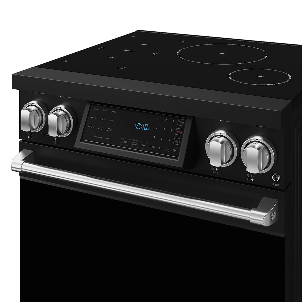 Black induction range cooktop with stainless control bar and knob controls