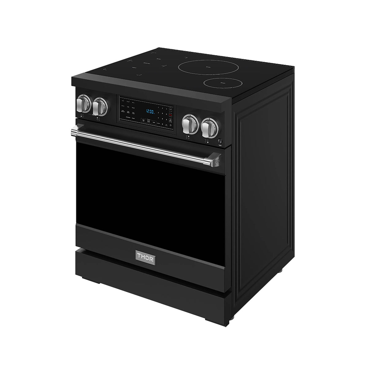 Black 30-inch induction range with stainless trim and tilt touch control panel