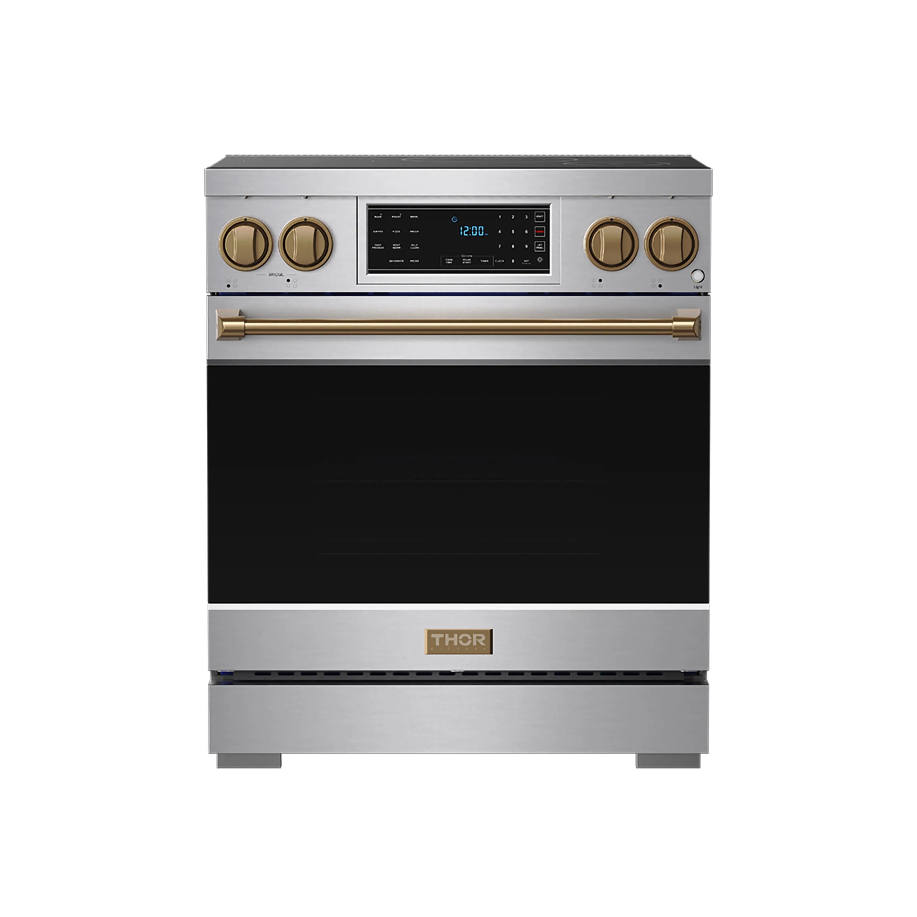 Stainless steel professional induction range with tilt panel touch controls and bronze accents