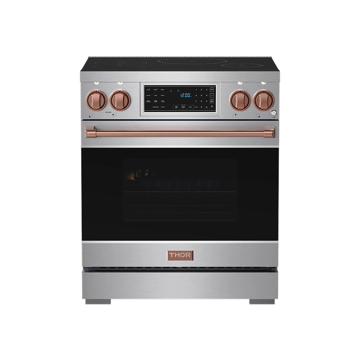 Stainless steel induction range front view with black oven door and rose gold control knobs